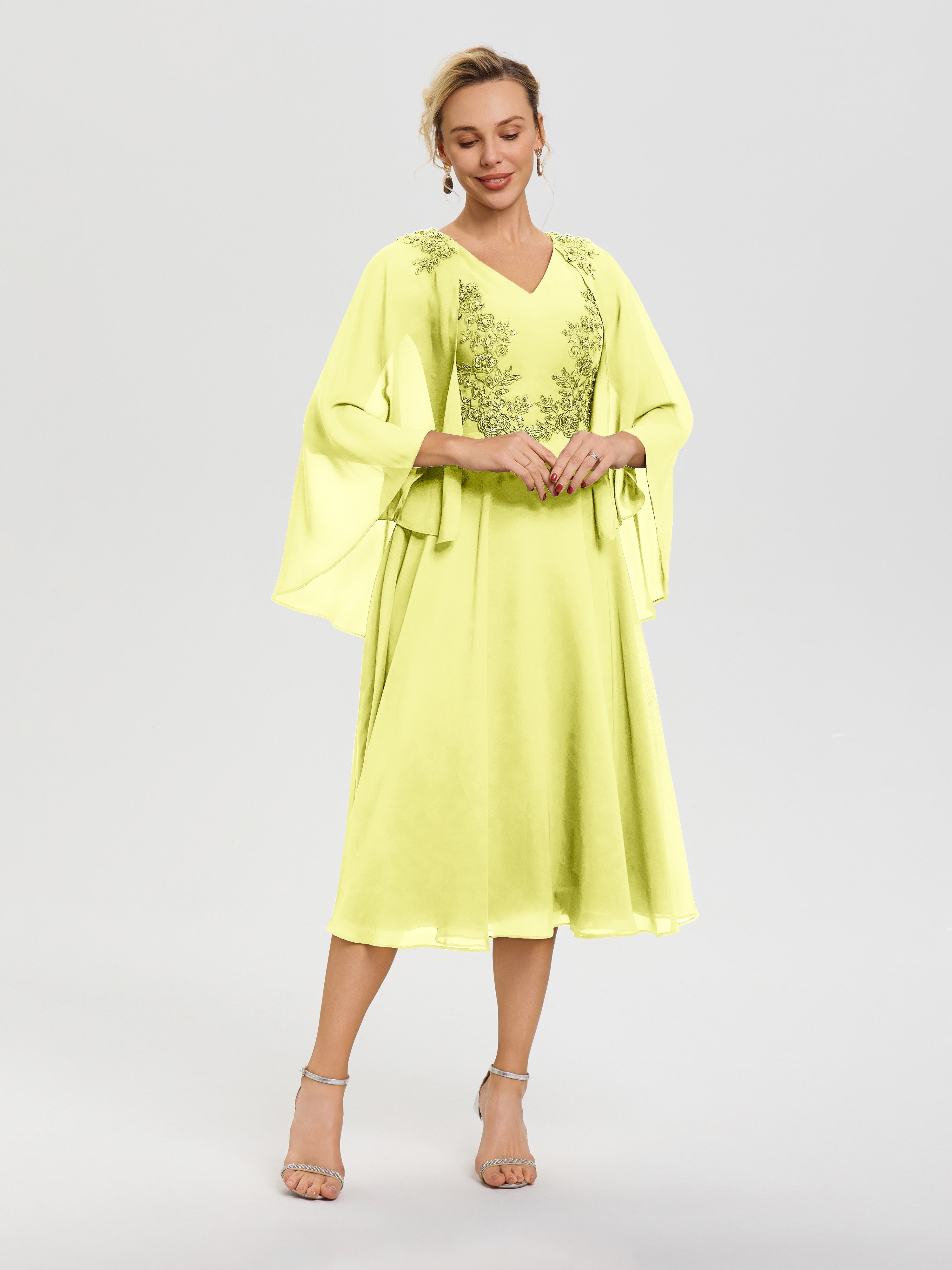 Robe Mère De Mariée Jonquille 3/4 Manches Col V Mousseline & Dentelle Robe Mère De Mariée