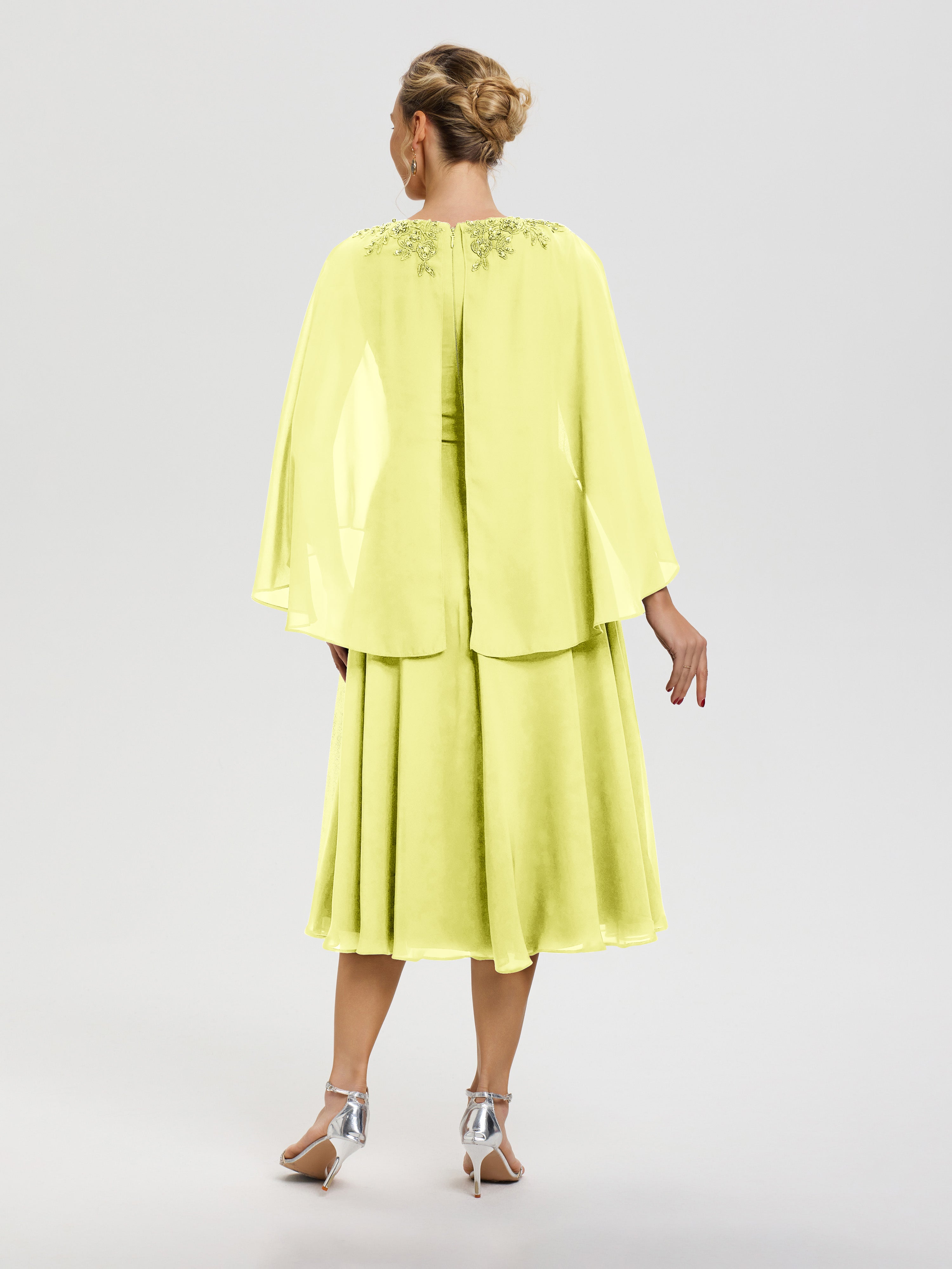 Robe Mère De Mariée Jonquille 3/4 Manches Col V Mousseline & Dentelle Robe Mère De Mariée