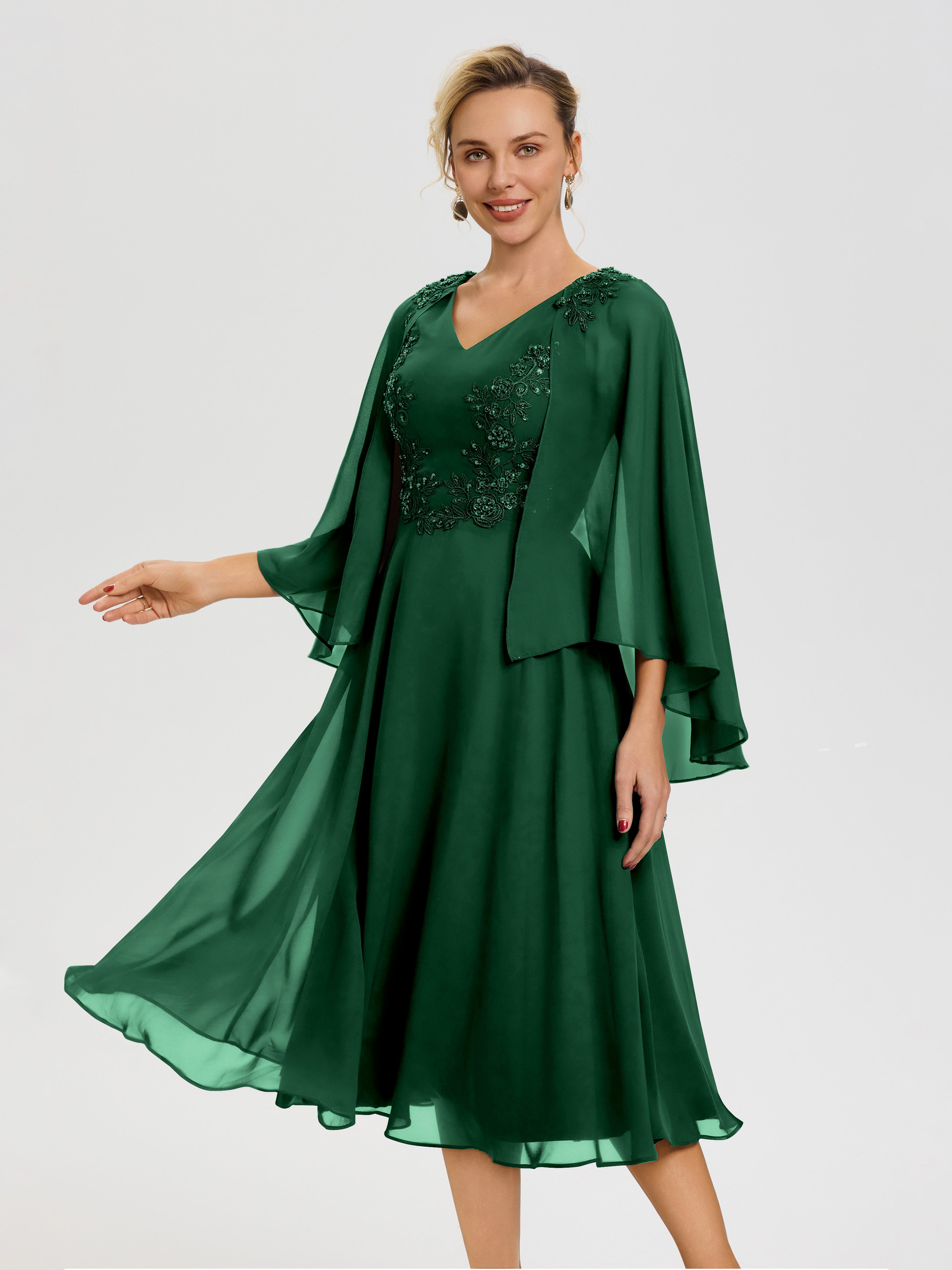 Robe Mère Mariée Moderne Vert Foncé 3/4 Manches Col V Mousseline & Dentelle Robe Mère De Mariée