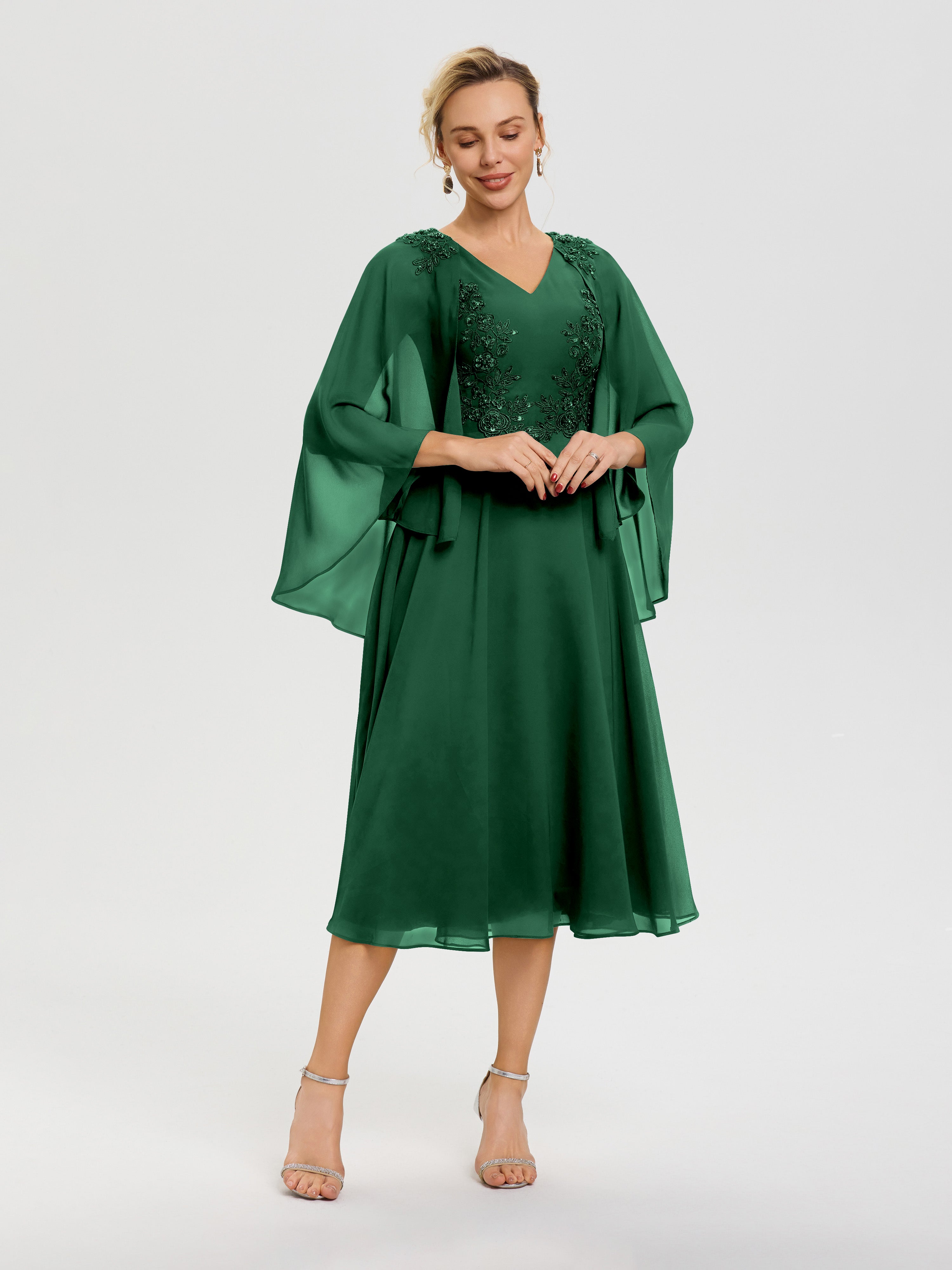Robe Mère Mariée Moderne Vert Foncé 3/4 Manches Col V Mousseline & Dentelle Robe Mère De Mariée