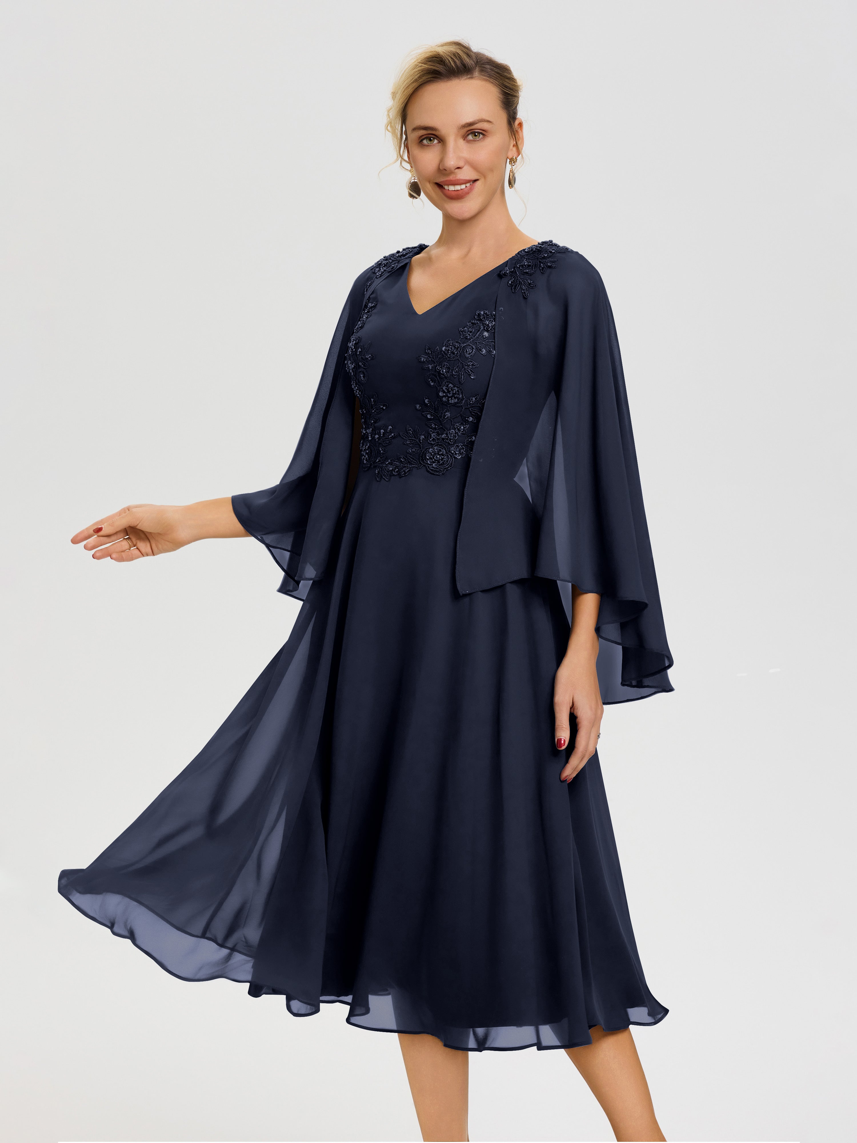 Robe Bleu Marine Mere De La Mariee 3/4 Manches Col V Mousseline & Dentelle Robe Mère De Mariée