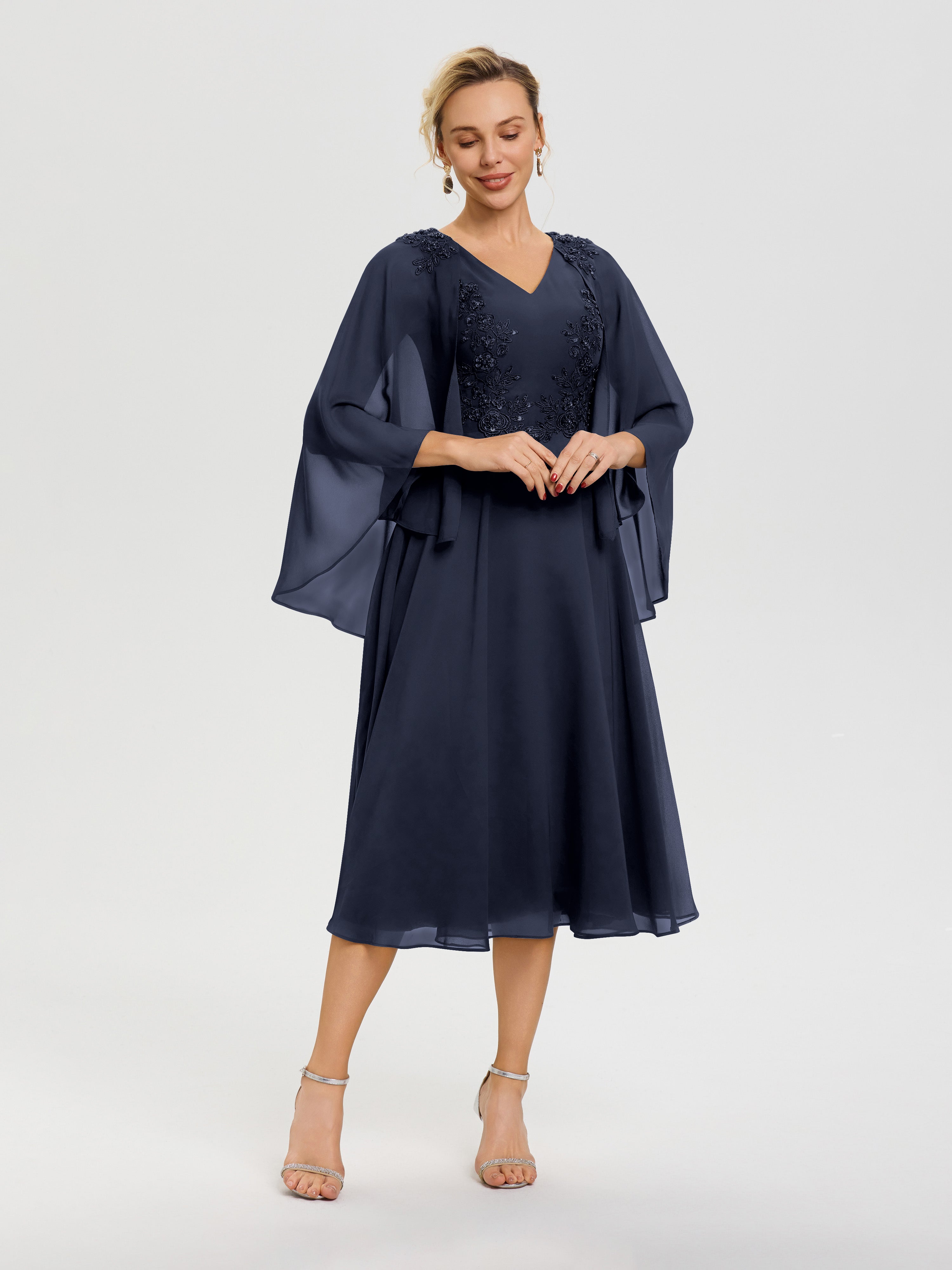 Robe Bleu Marine Mere De La Mariee 3/4 Manches Col V Mousseline & Dentelle Robe Mère De Mariée