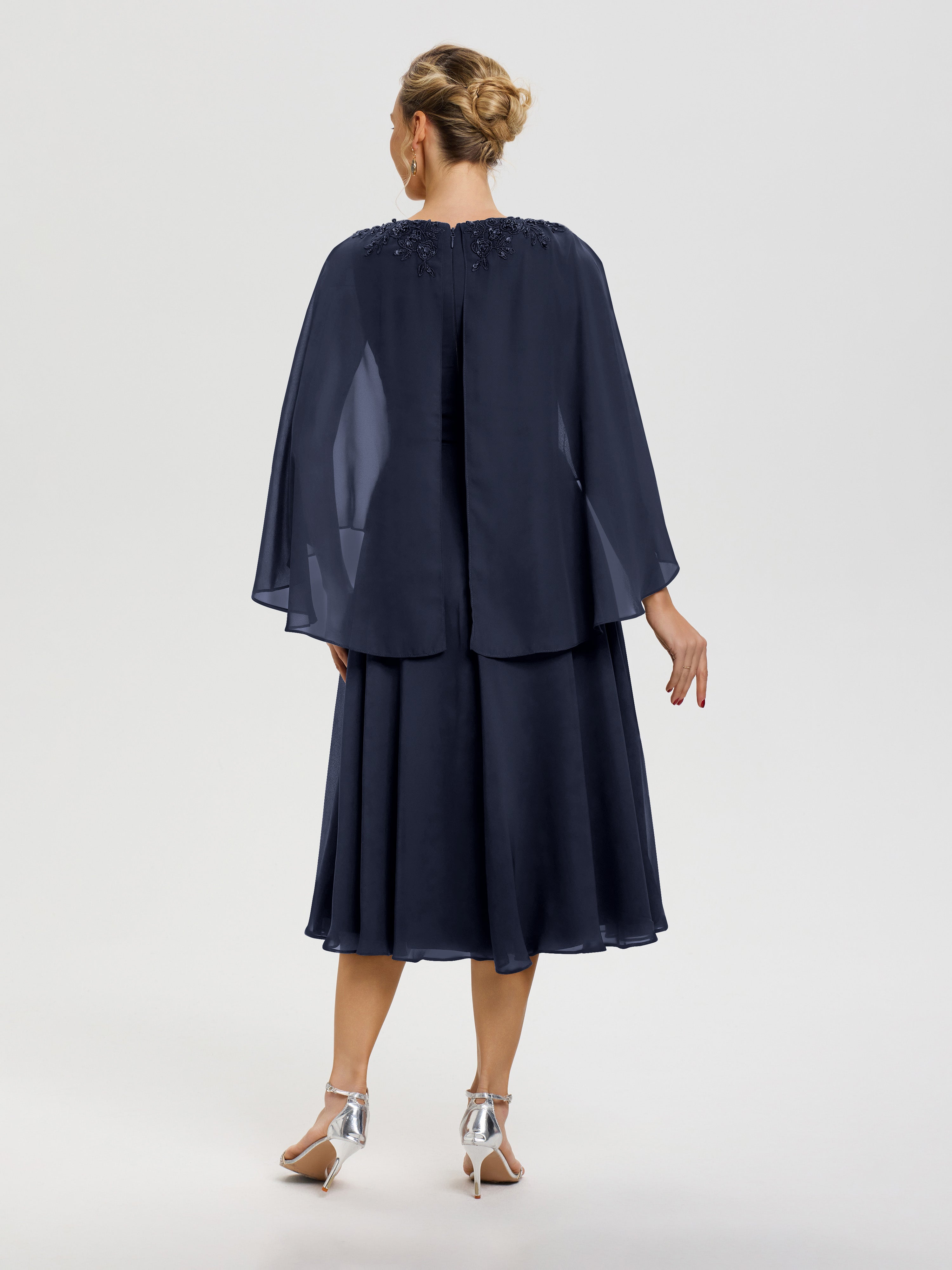 Robe Bleu Marine Mere De La Mariee 3/4 Manches Col V Mousseline & Dentelle Robe Mère De Mariée