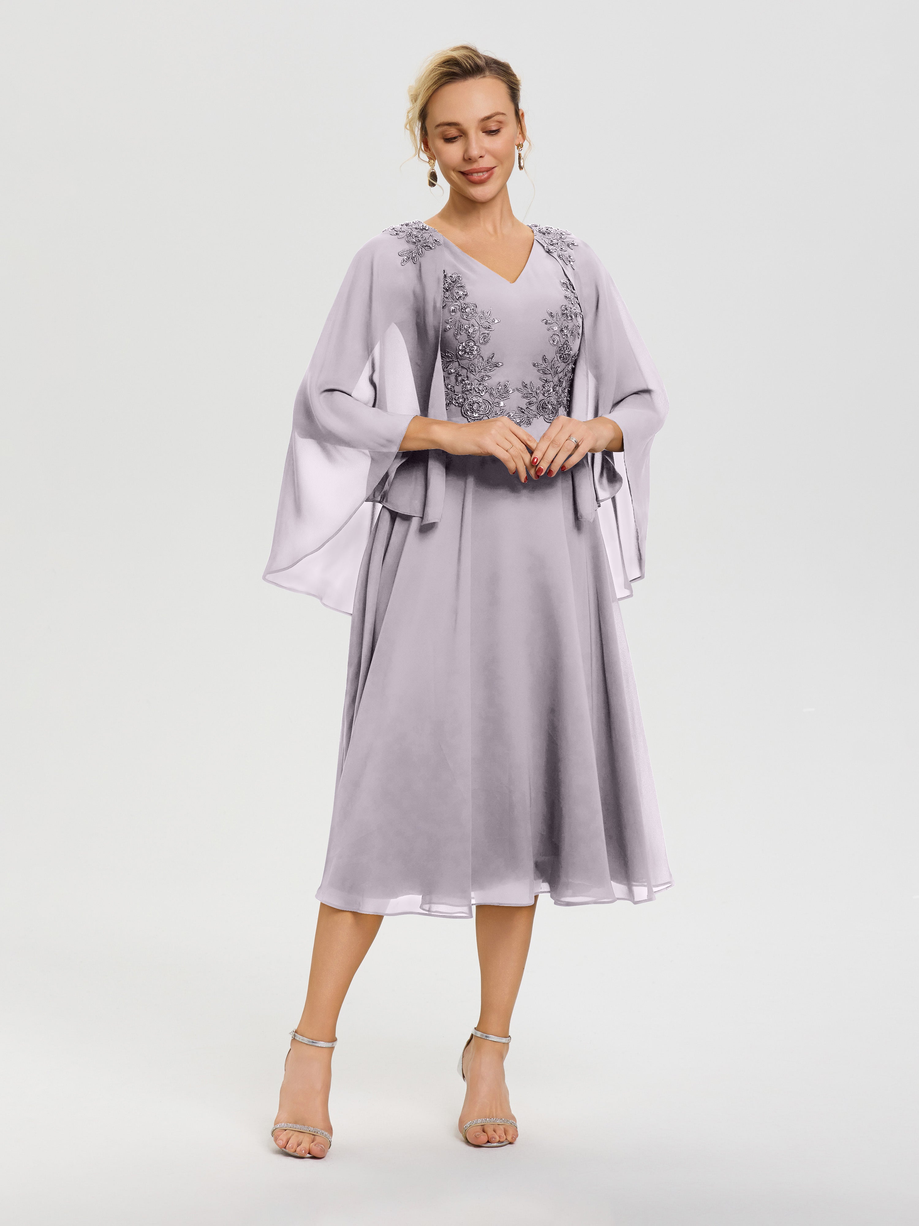 Robe Pour Mère De La Mariée Crépuscule 3/4 Manches Col V Mousseline & Dentelle Robe Mère De Mariée