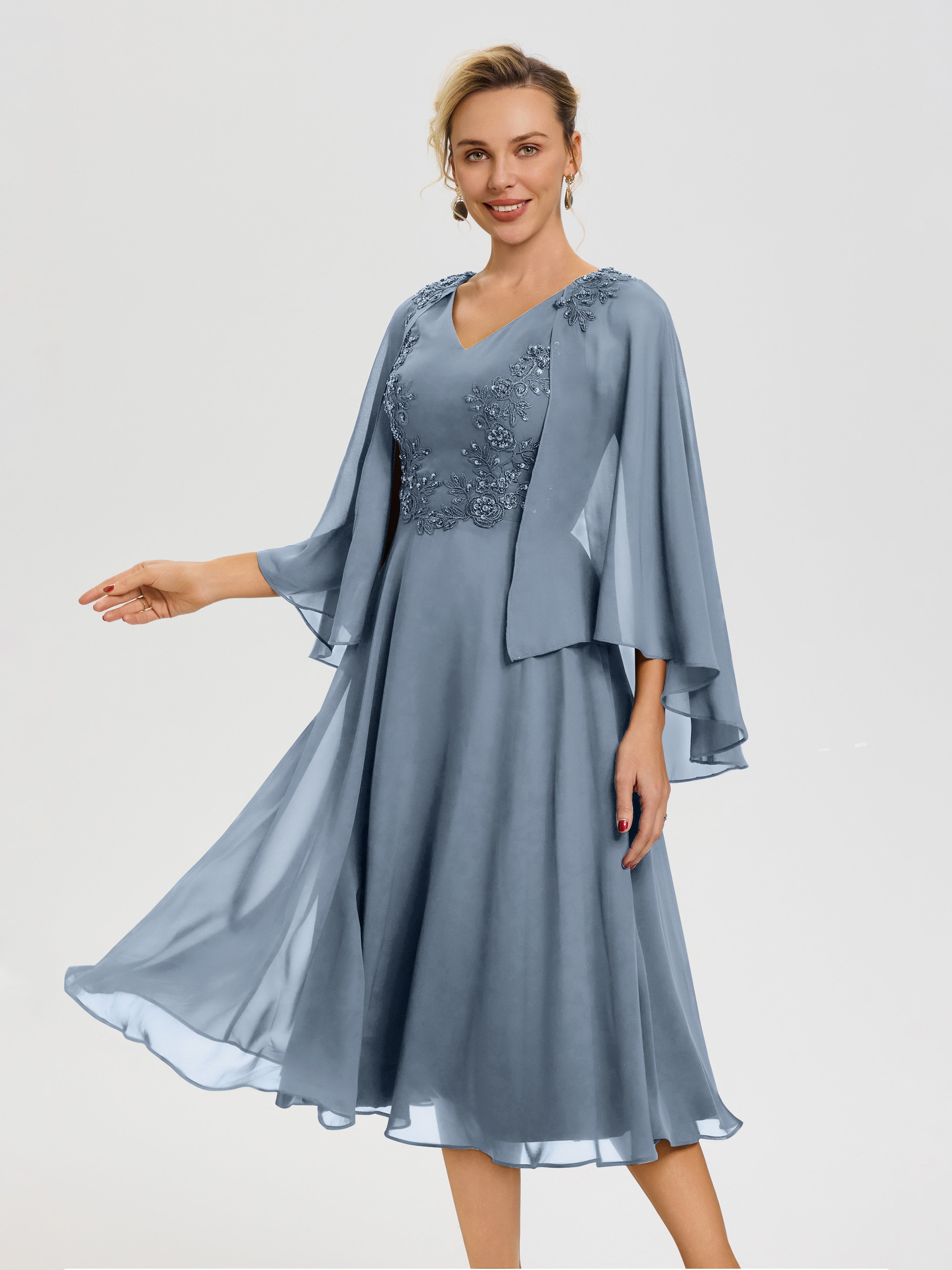 Robe Mère Du Marié Bleu Poudré 3/4 Manches Col V Mousseline & Dentelle Robe Mère De Mariée