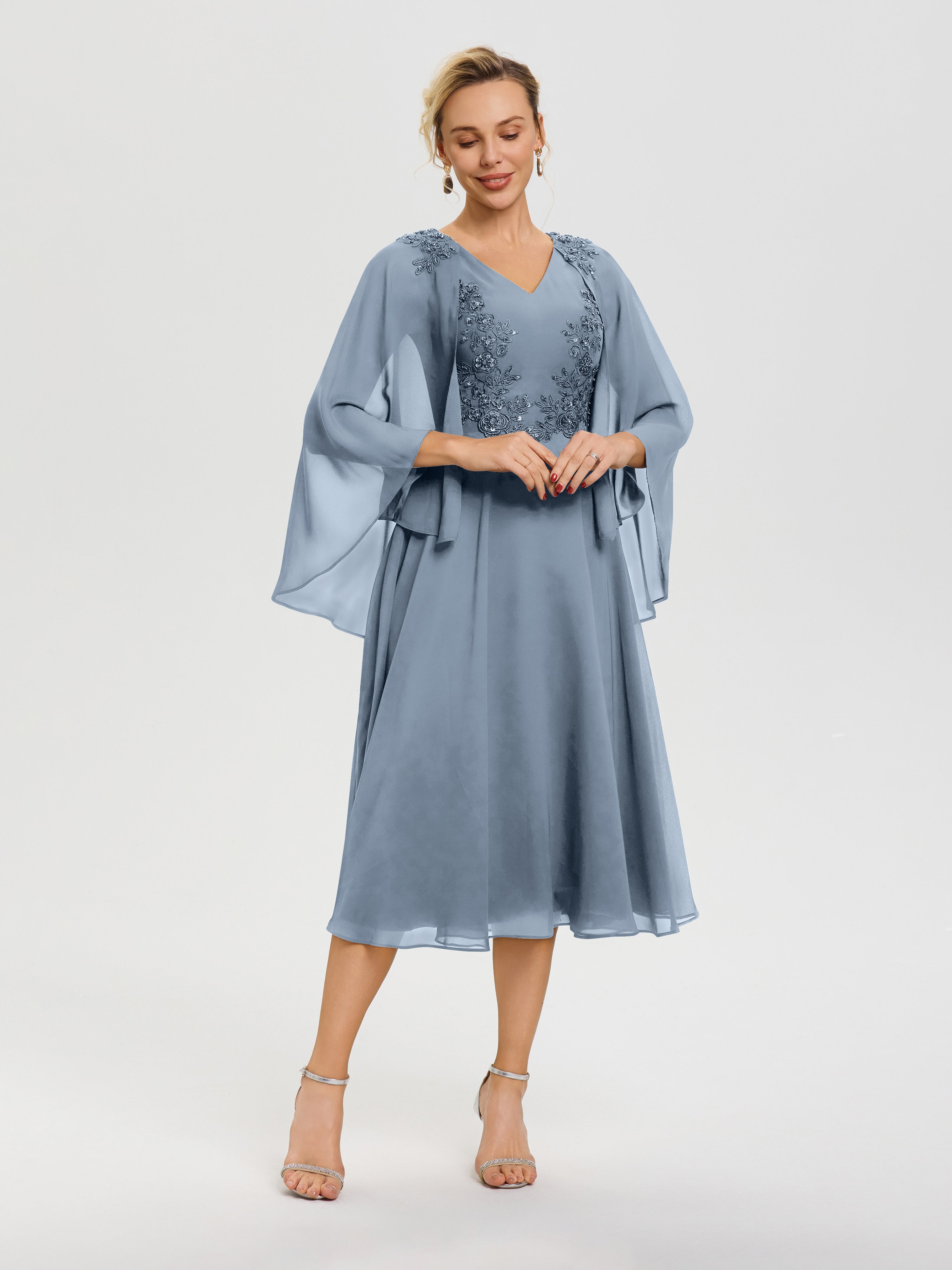 Robe Mère Du Marié Bleu Poudré 3/4 Manches Col V Mousseline & Dentelle Robe Mère De Mariée