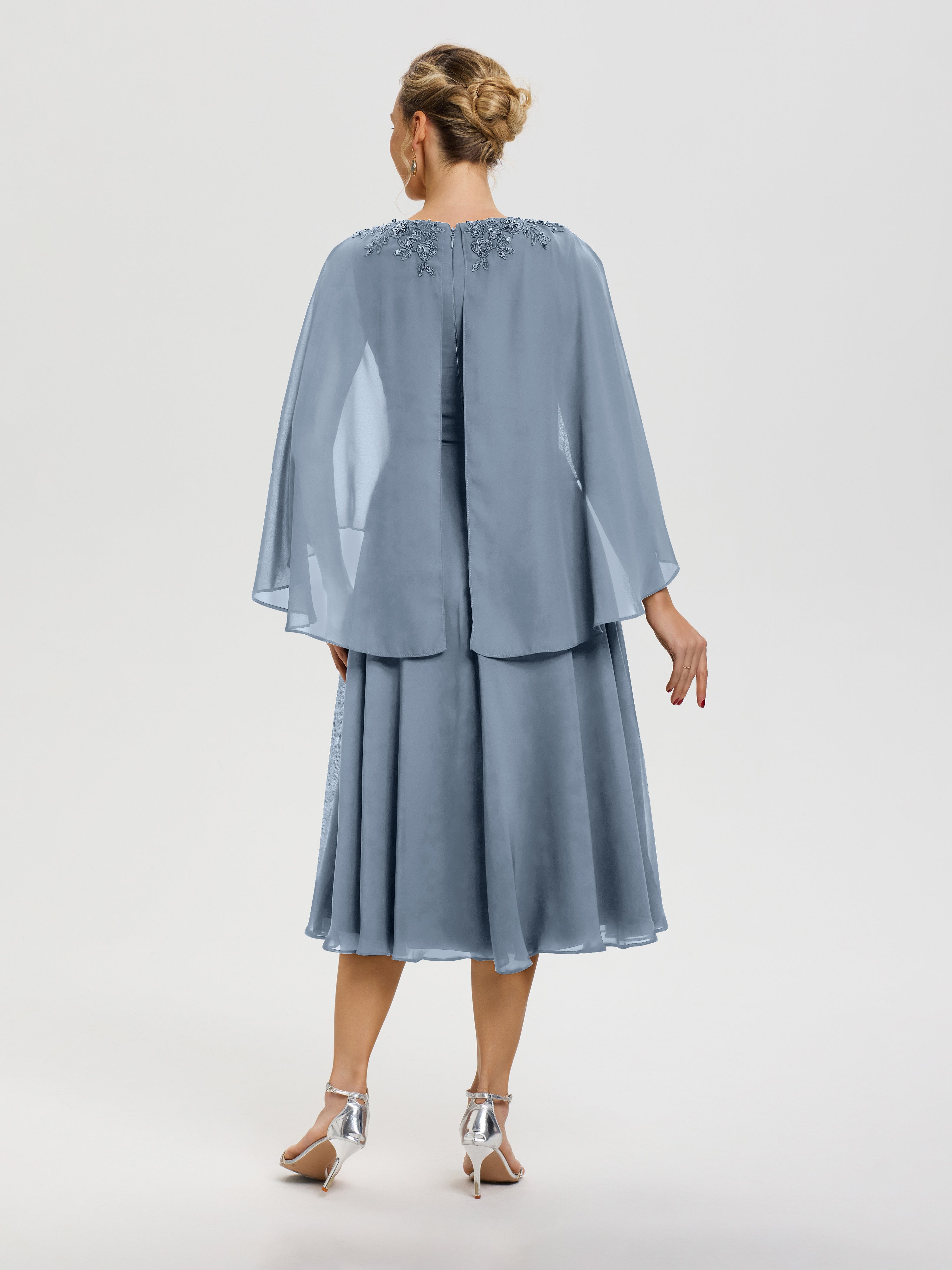 Robe Mère Du Marié Bleu Poudré 3/4 Manches Col V Mousseline & Dentelle Robe Mère De Mariée