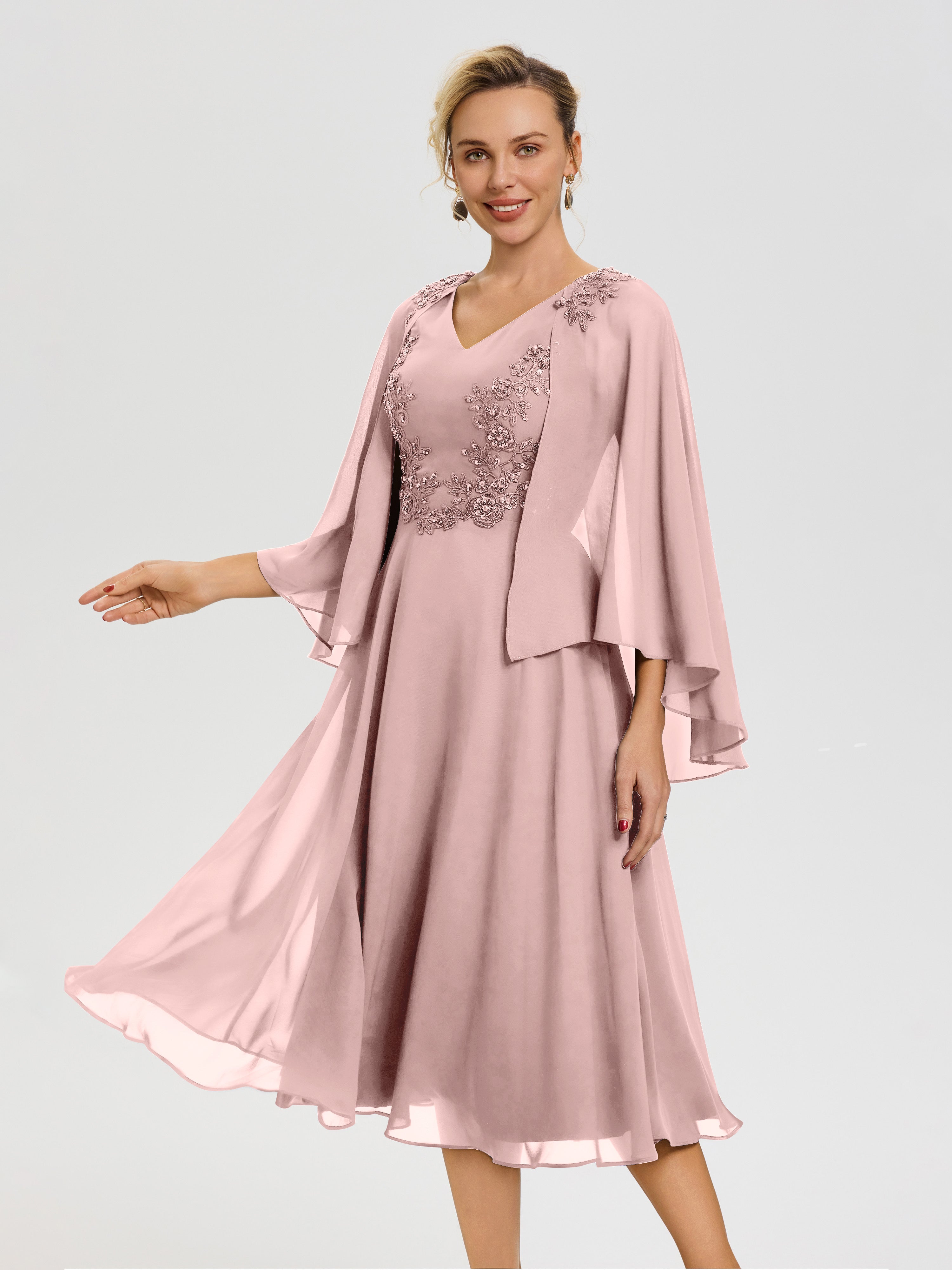 Robe Mere Dela Mariee Rose Poudré 3/4 Manches Col V Mousseline & Dentelle Robe Mère De Mariée