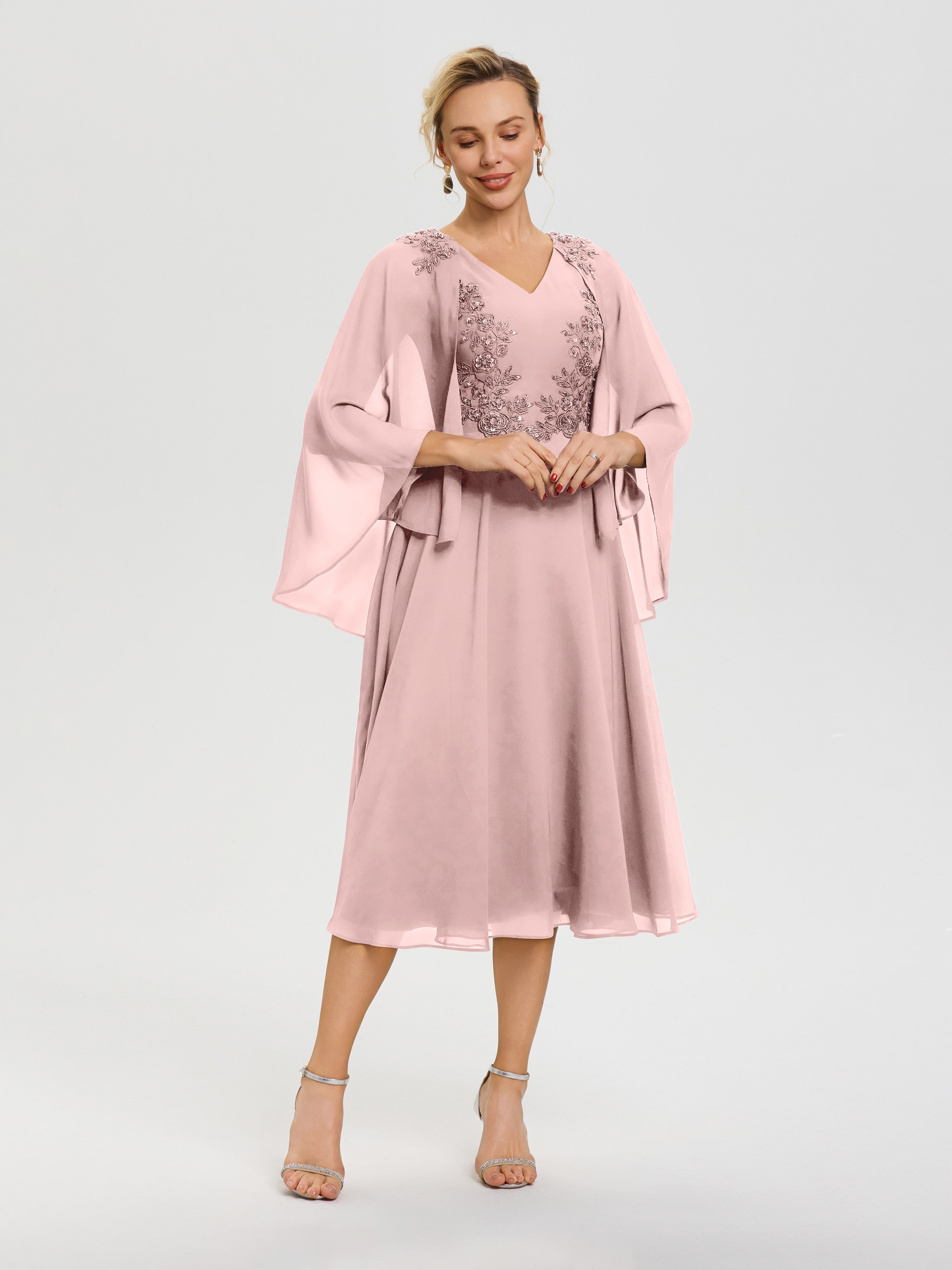 Robe Mere Dela Mariee Rose Poudré 3/4 Manches Col V Mousseline & Dentelle Robe Mère De Mariée