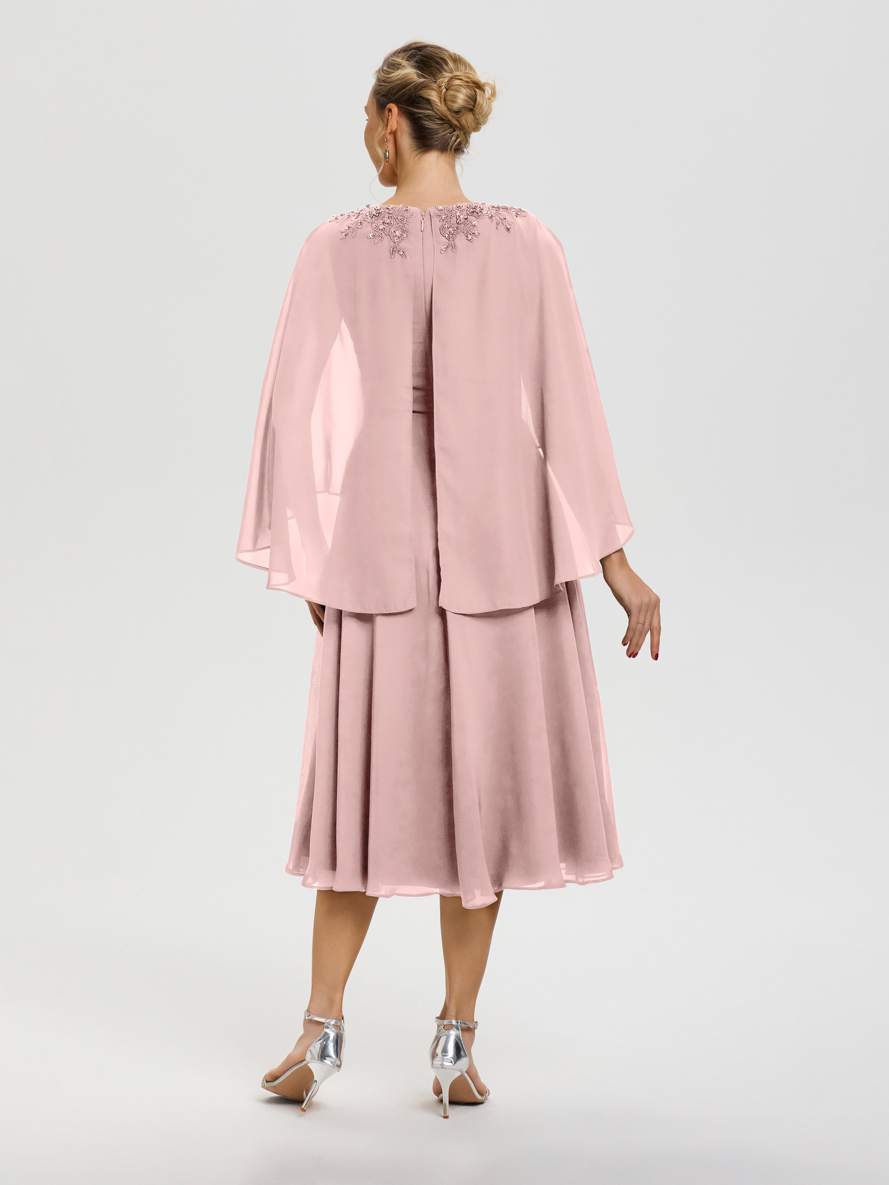 Robe Mere Dela Mariee Rose Poudré 3/4 Manches Col V Mousseline & Dentelle Robe Mère De Mariée