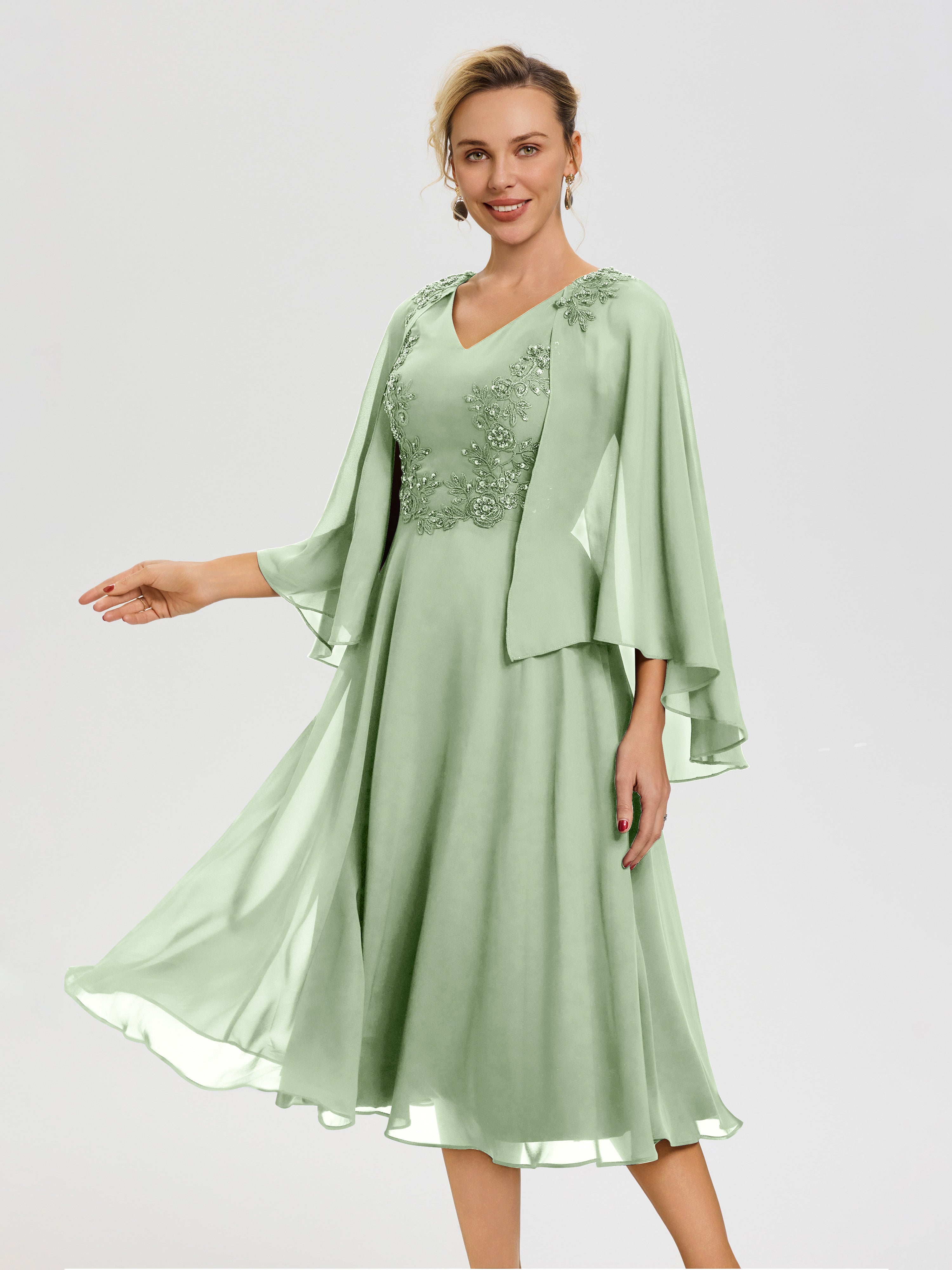 Robe De Cérémonie Mère Du Marié Sauge Poudrée 3/4 Manches Col V Mousseline & Dentelle Robe Mère De Mariée