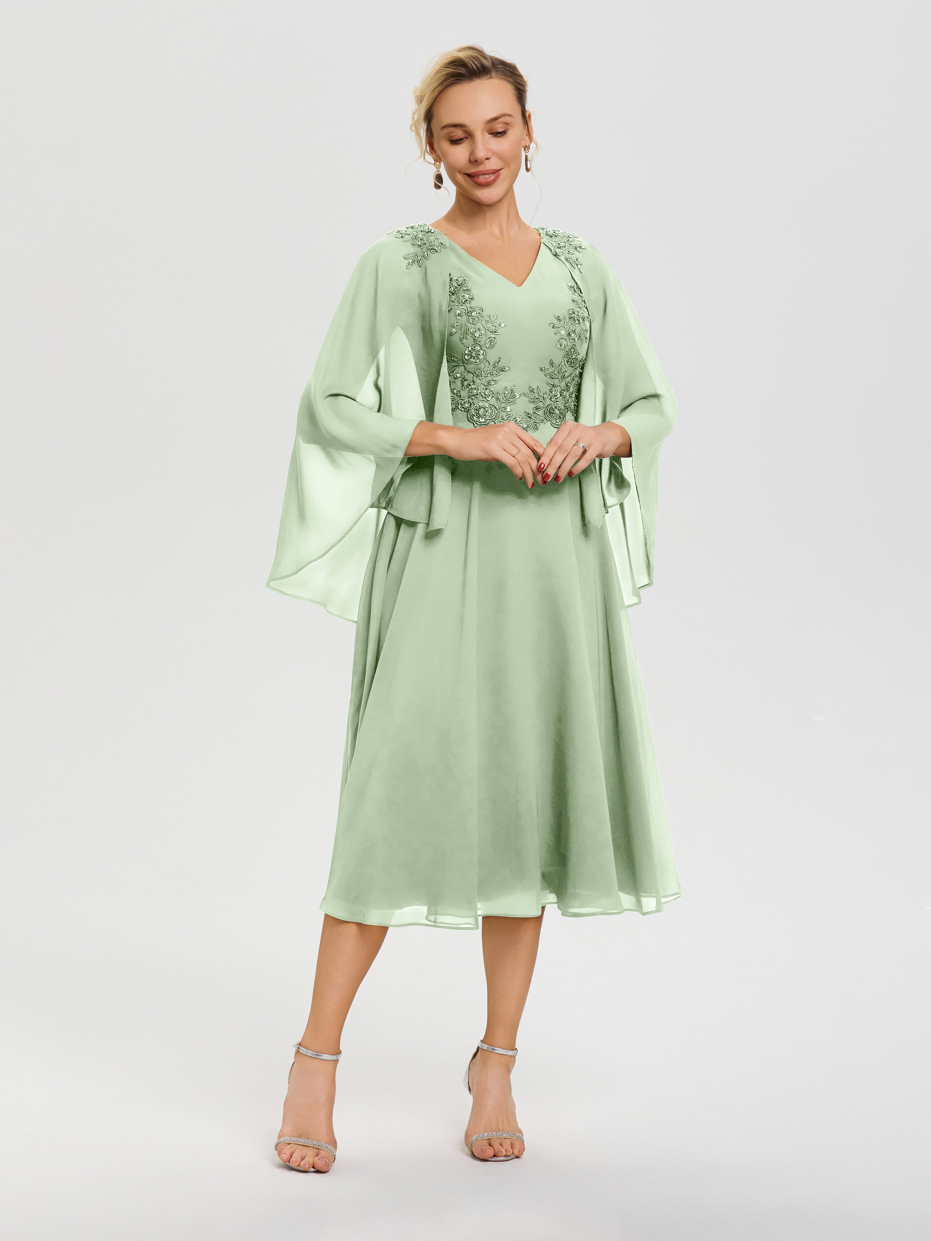 Robe De Cérémonie Mère Du Marié Sauge Poudrée 3/4 Manches Col V Mousseline & Dentelle Robe Mère De Mariée