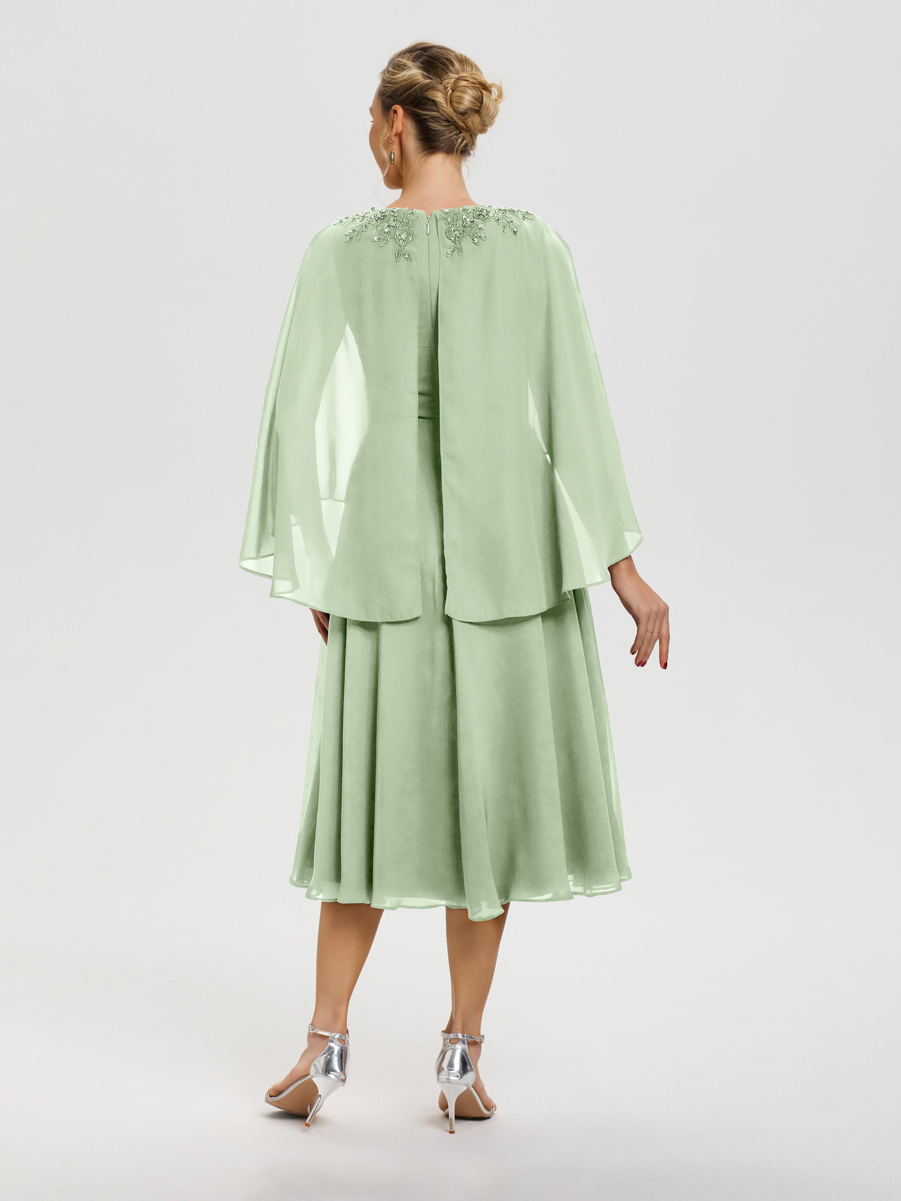 Robe De Cérémonie Mère Du Marié Sauge Poudrée 3/4 Manches Col V Mousseline & Dentelle Robe Mère De Mariée