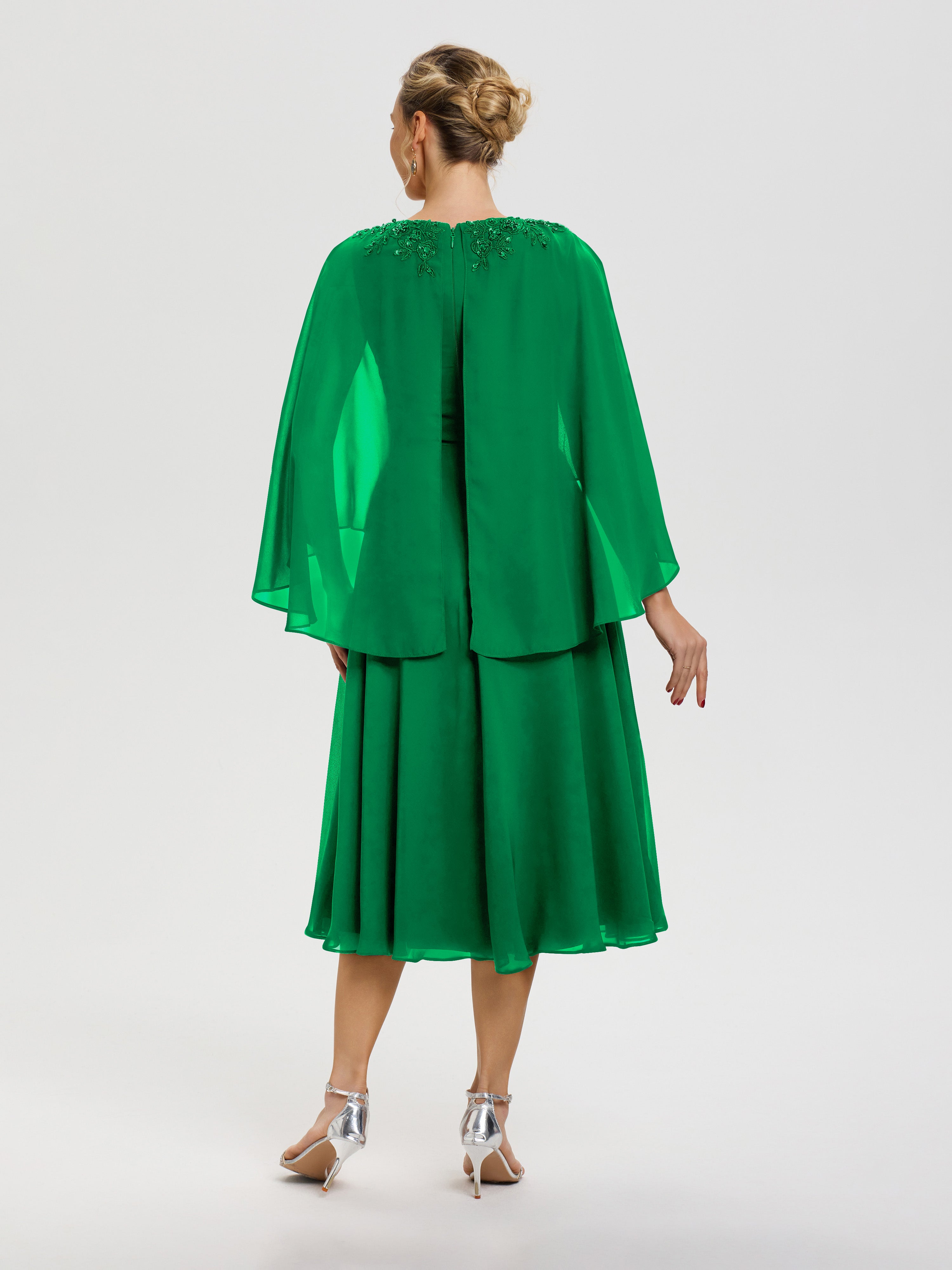 Robe Pour Mère De La Mariée Emeraude 3/4 Manches Col V Mousseline & Dentelle Robe Mère De Mariée