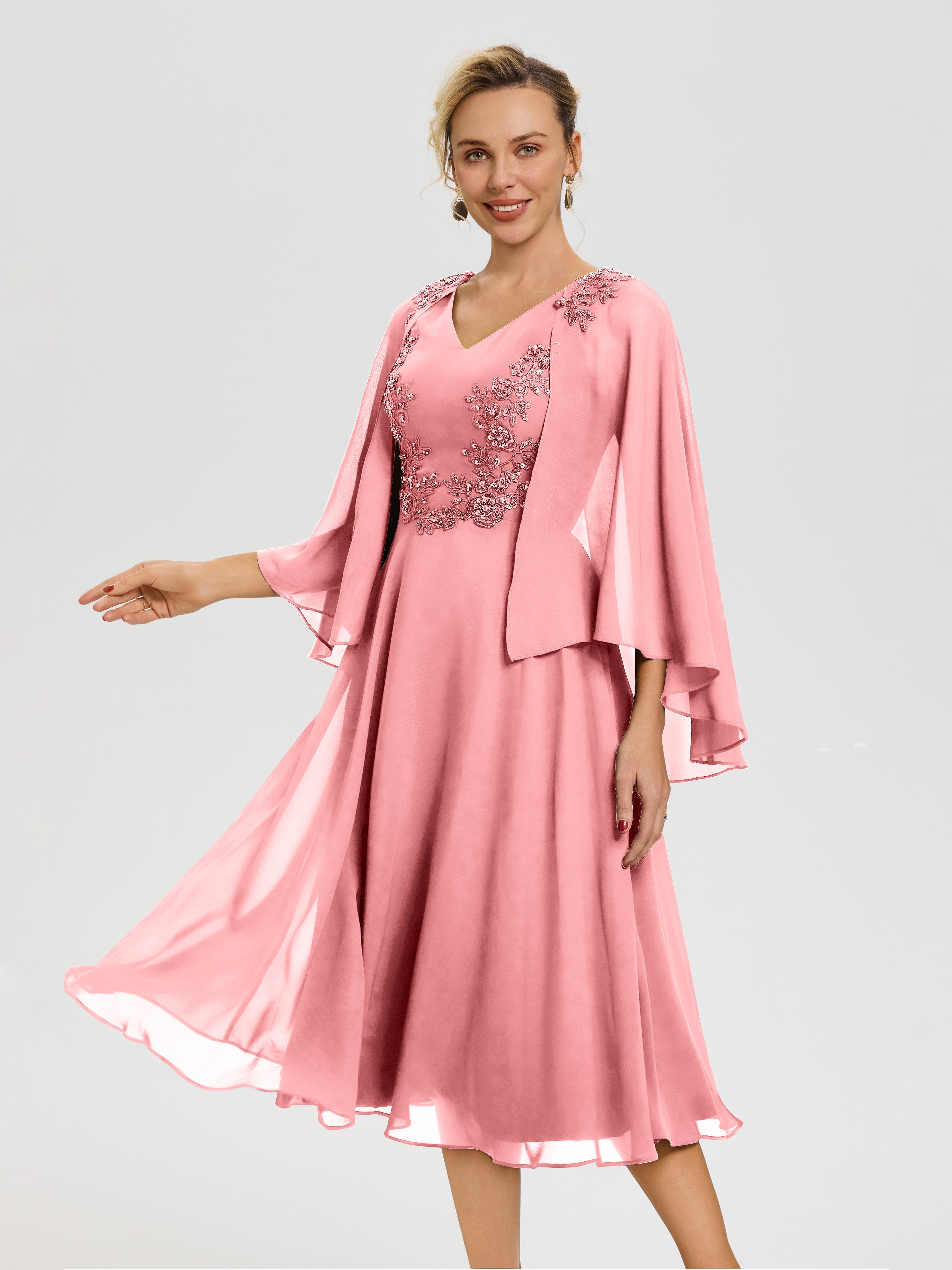 Robe Pour Mère De La Mariée Flamant 3/4 Manches Col V Mousseline & Dentelle Robe Mère De Mariée