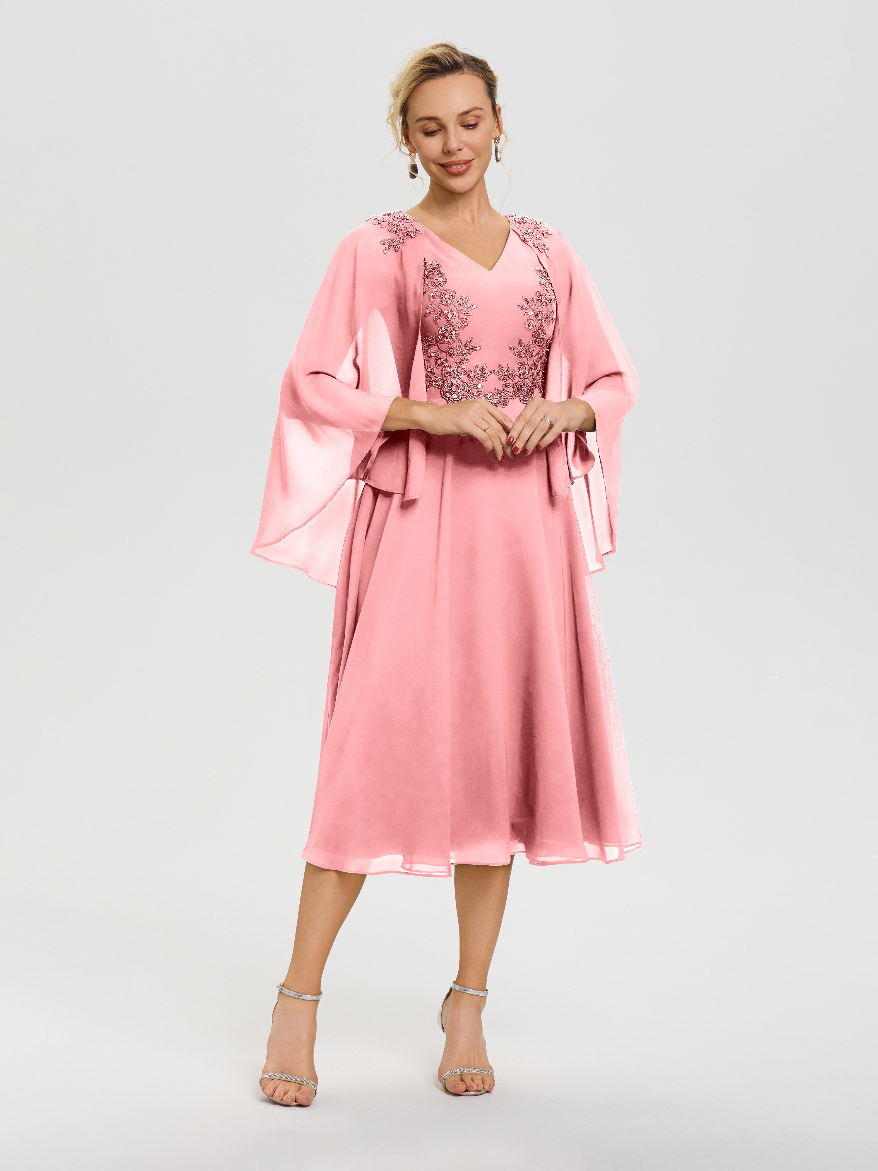 Robe Pour Mère De La Mariée Flamant 3/4 Manches Col V Mousseline & Dentelle Robe Mère De Mariée
