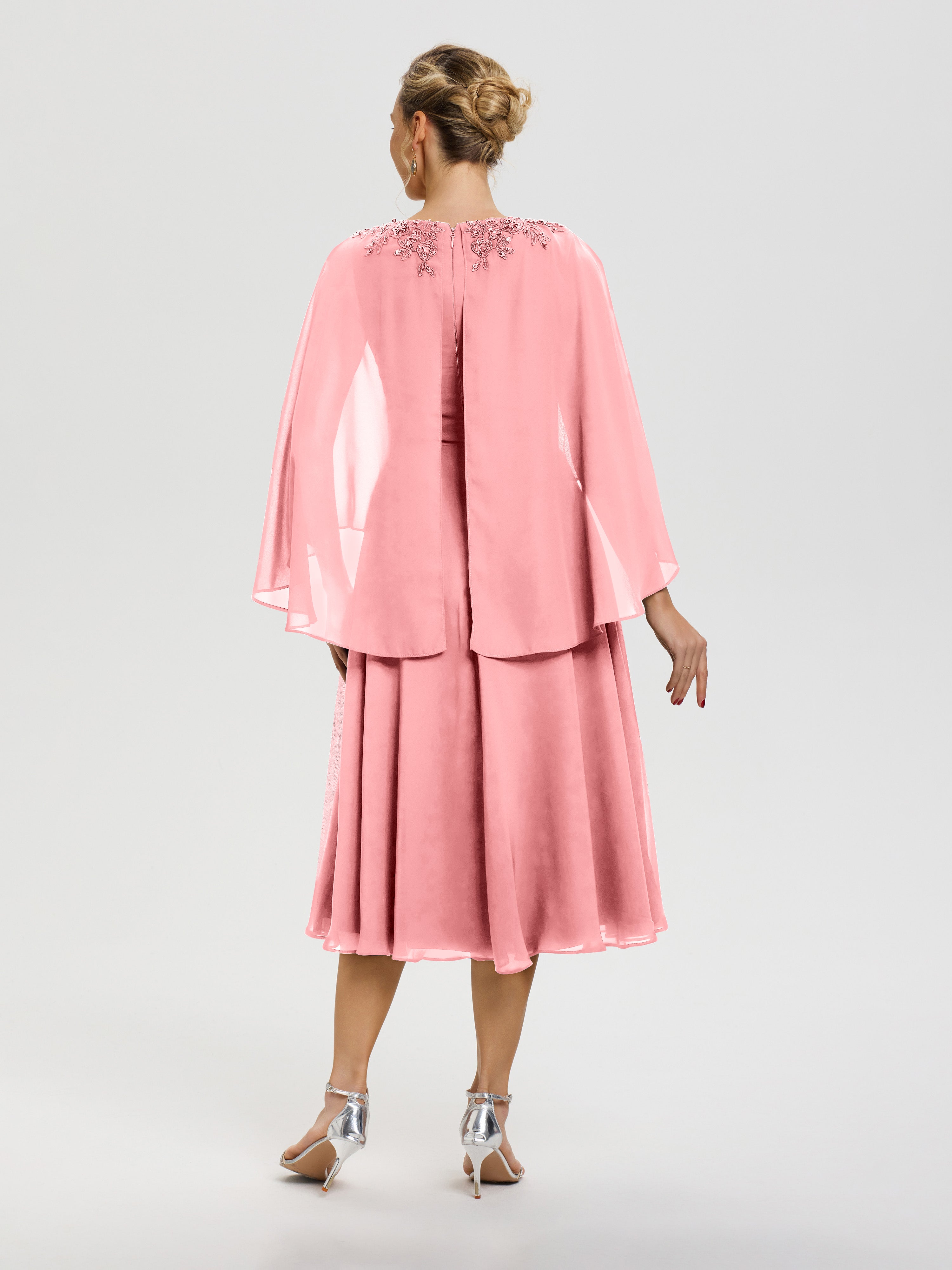 Robe Pour Mère De La Mariée Flamant 3/4 Manches Col V Mousseline & Dentelle Robe Mère De Mariée