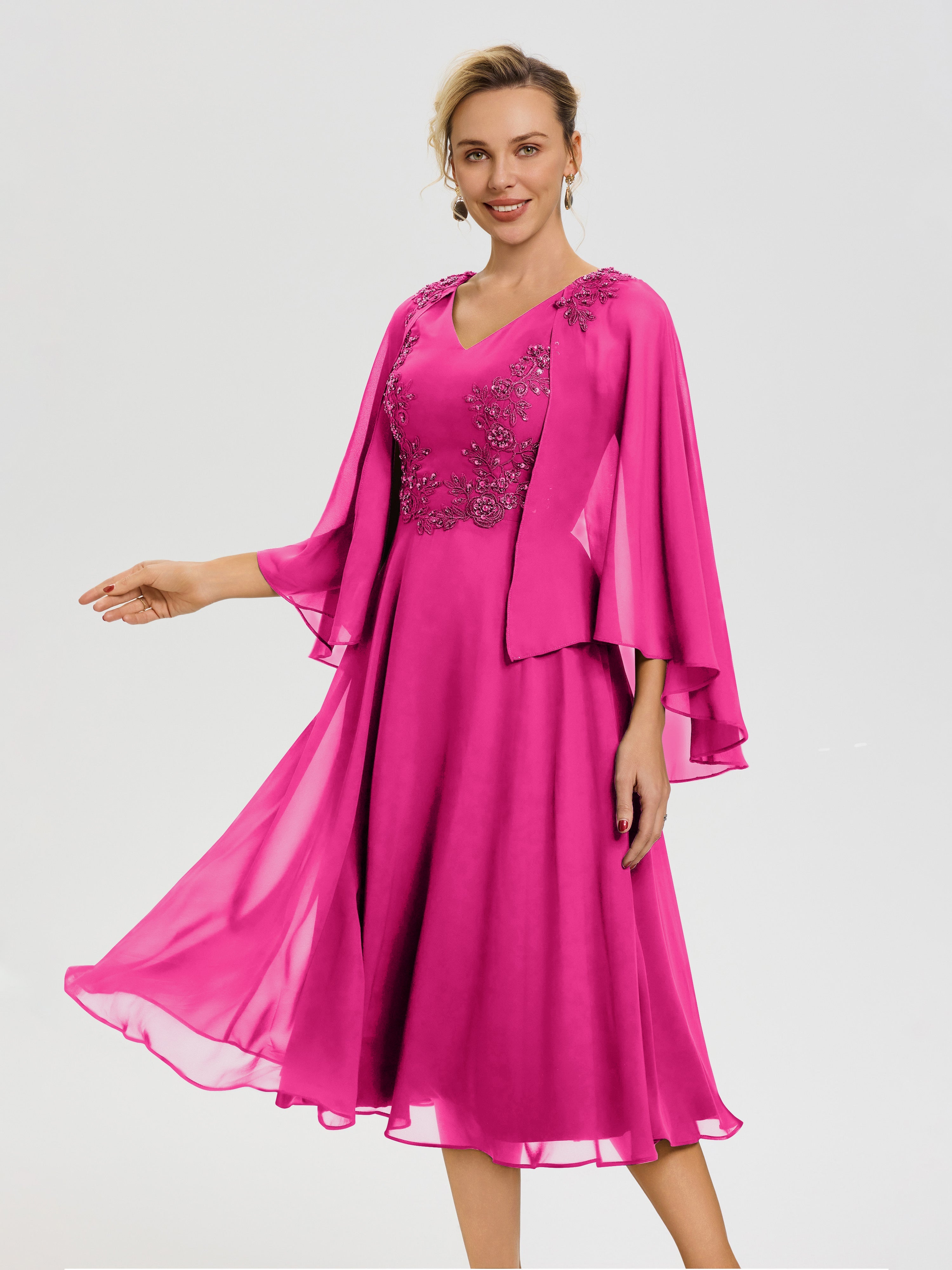 Robe Mère De Mariée Fuchsia 3/4 Manches Col V Mousseline & Dentelle Robe Mère De Mariée