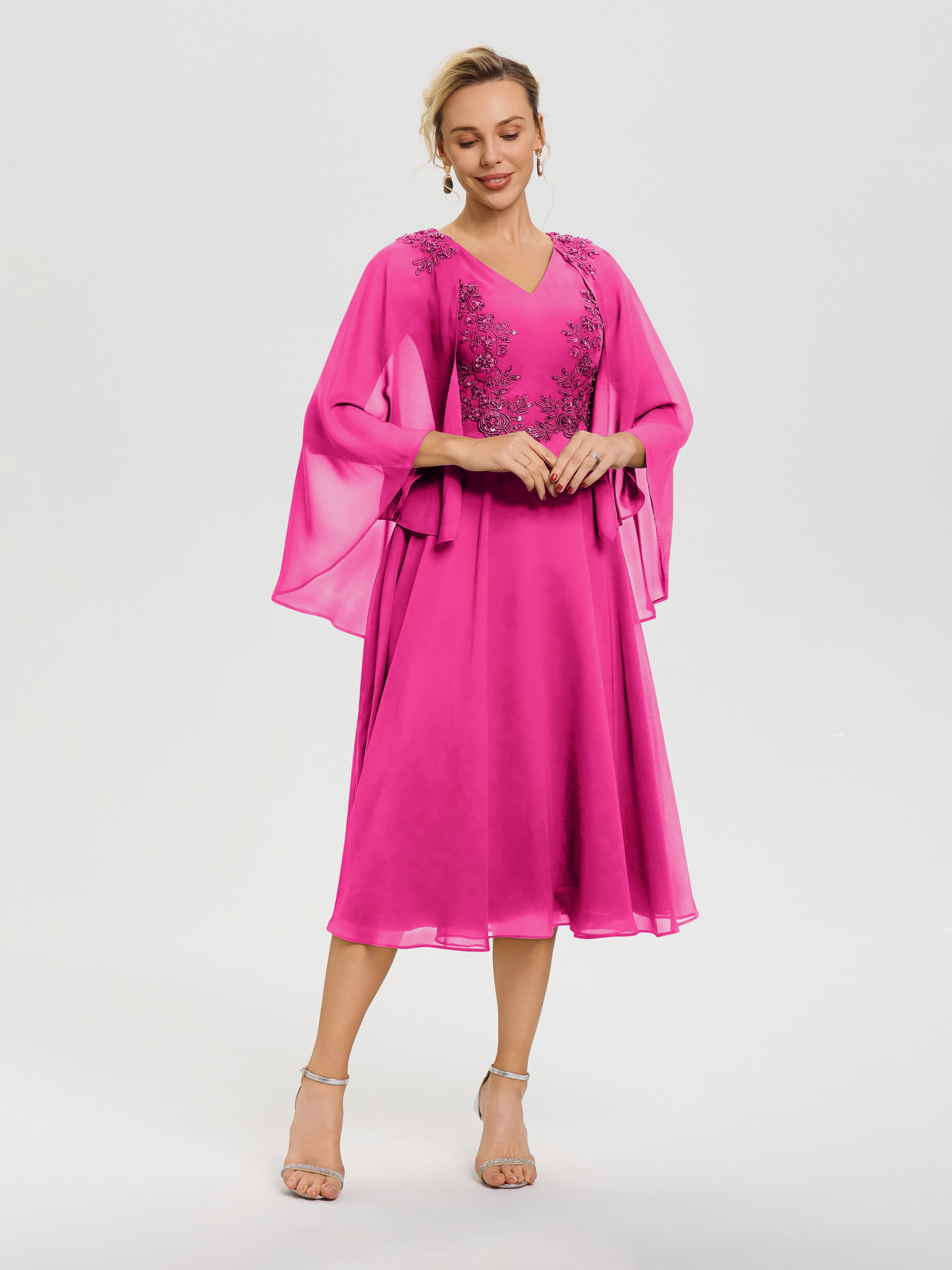 Robe Mère De Mariée Fuchsia 3/4 Manches Col V Mousseline & Dentelle Robe Mère De Mariée