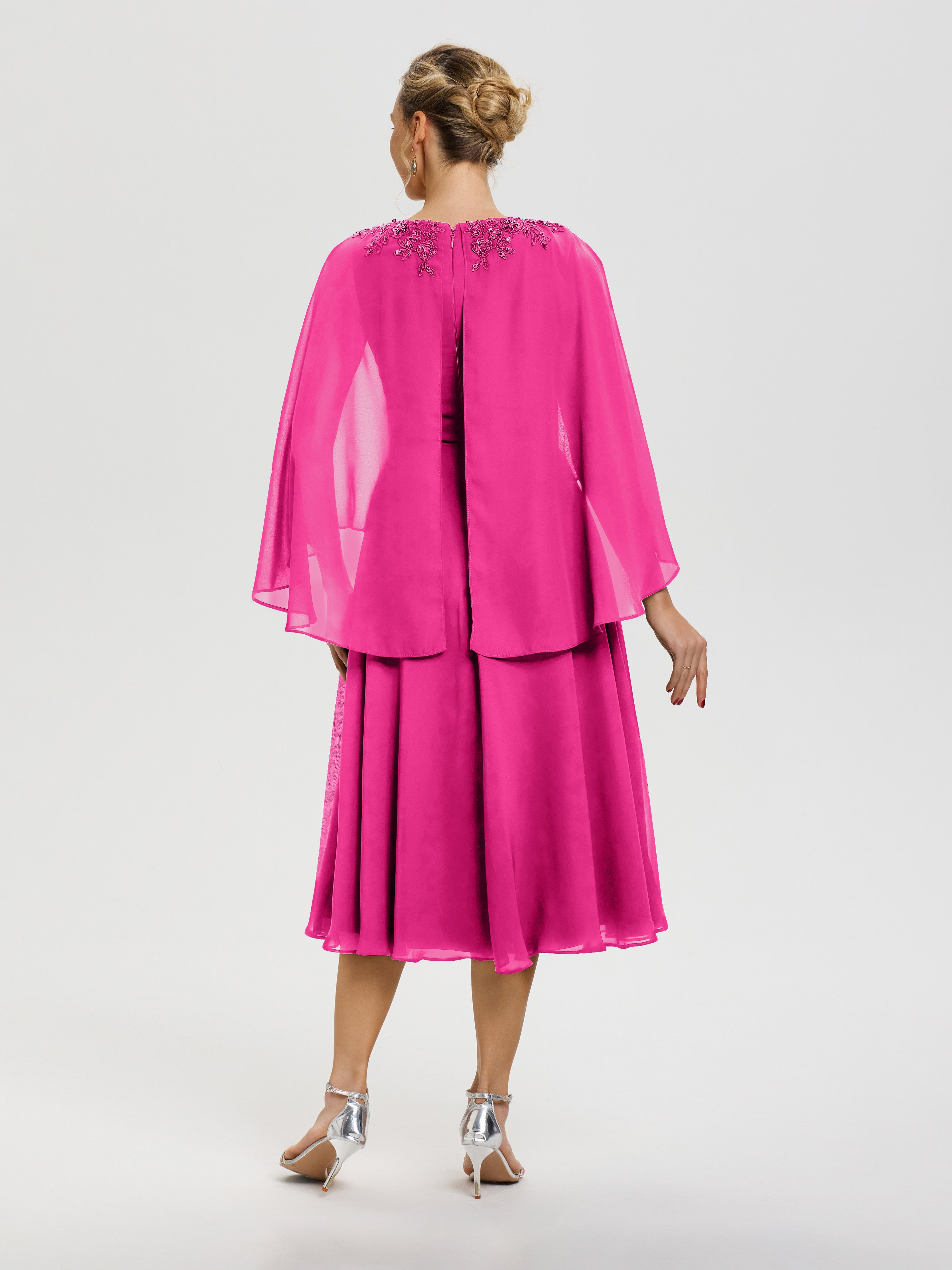 Robe Mère De Mariée Fuchsia 3/4 Manches Col V Mousseline & Dentelle Robe Mère De Mariée