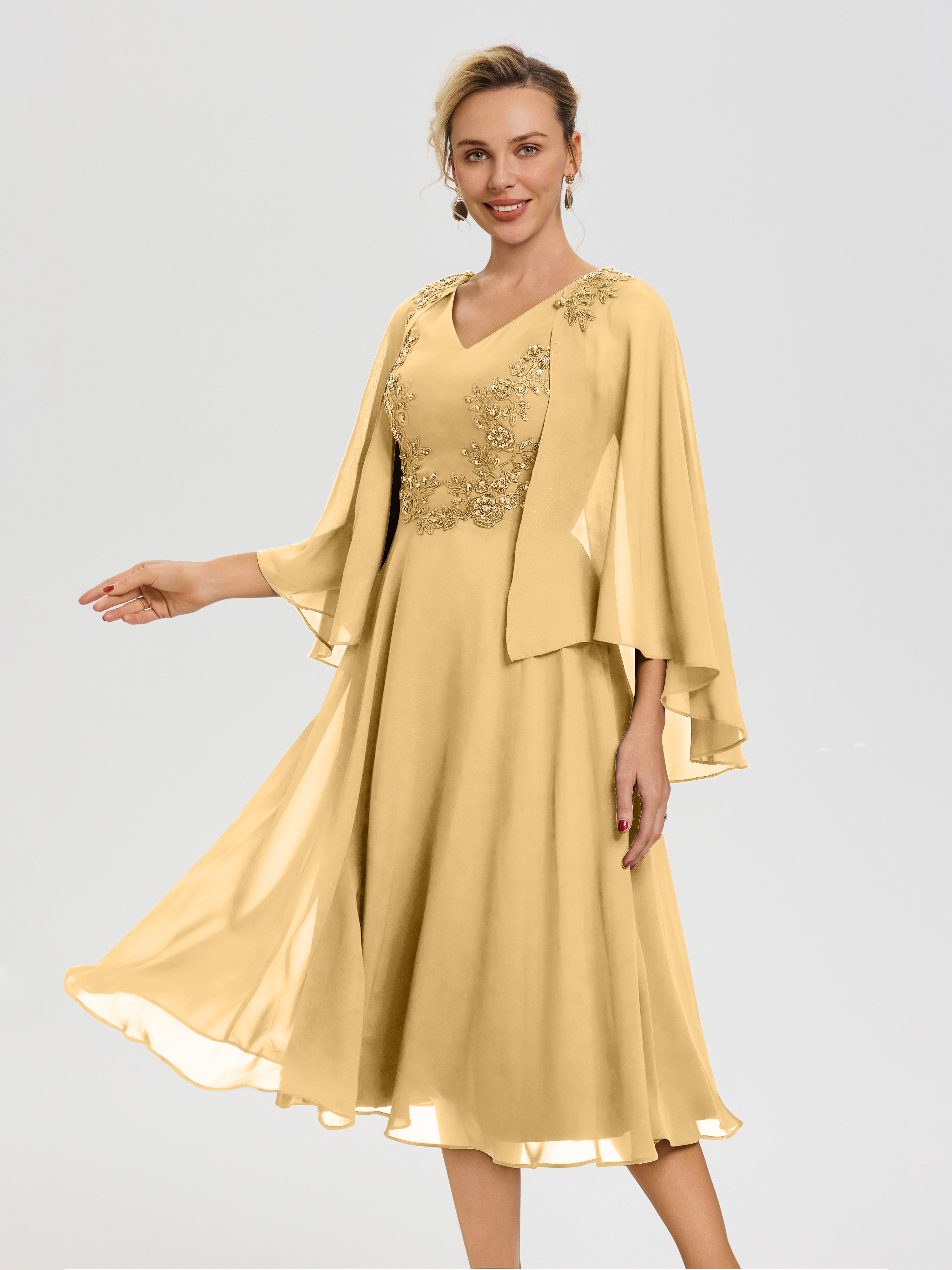 Robe Mère De Mariée Or 3/4 Manches Col V Mousseline & Dentelle Robe Mère De Mariée