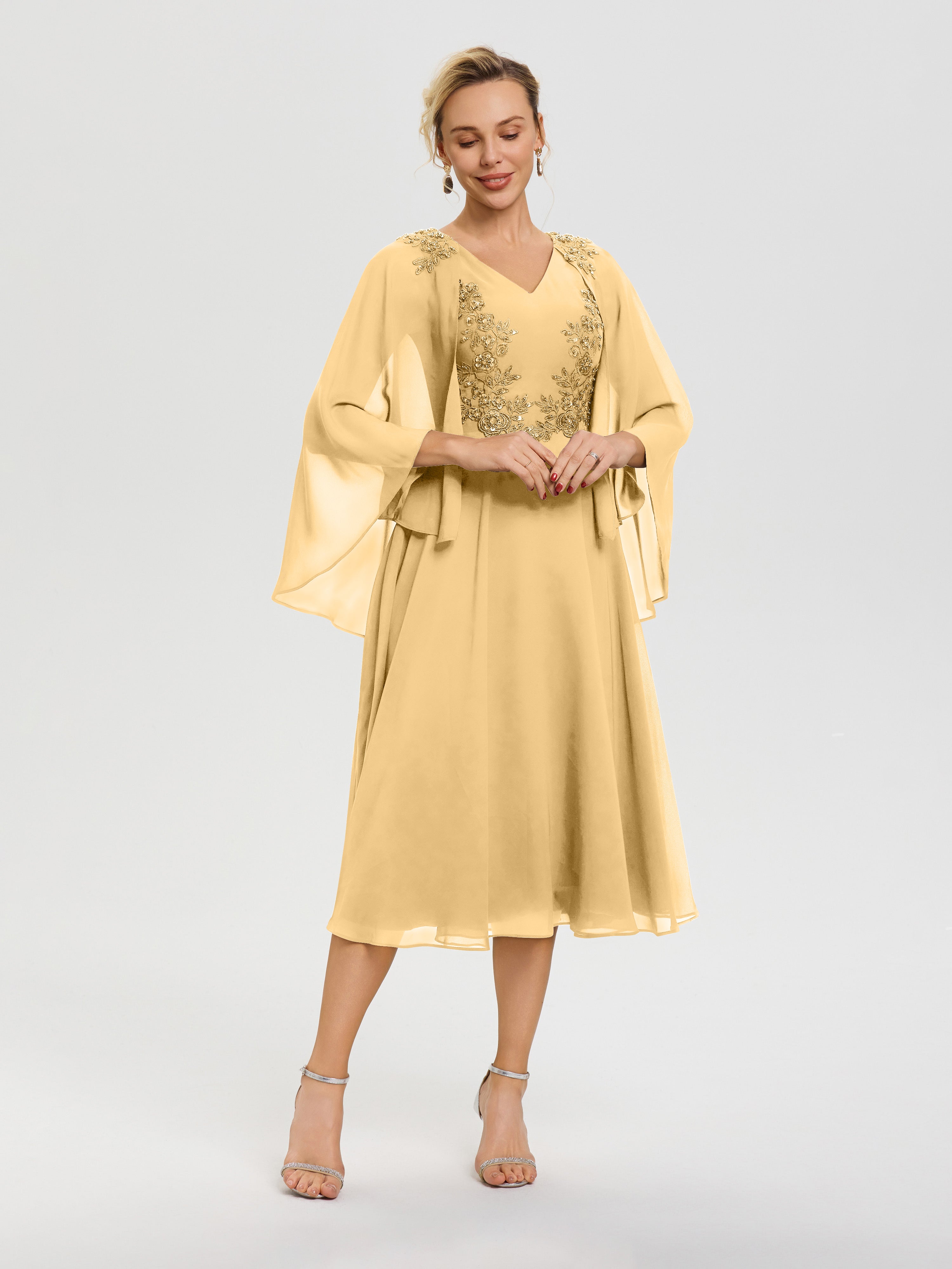 Robe Mère De Mariée Or 3/4 Manches Col V Mousseline & Dentelle Robe Mère De Mariée