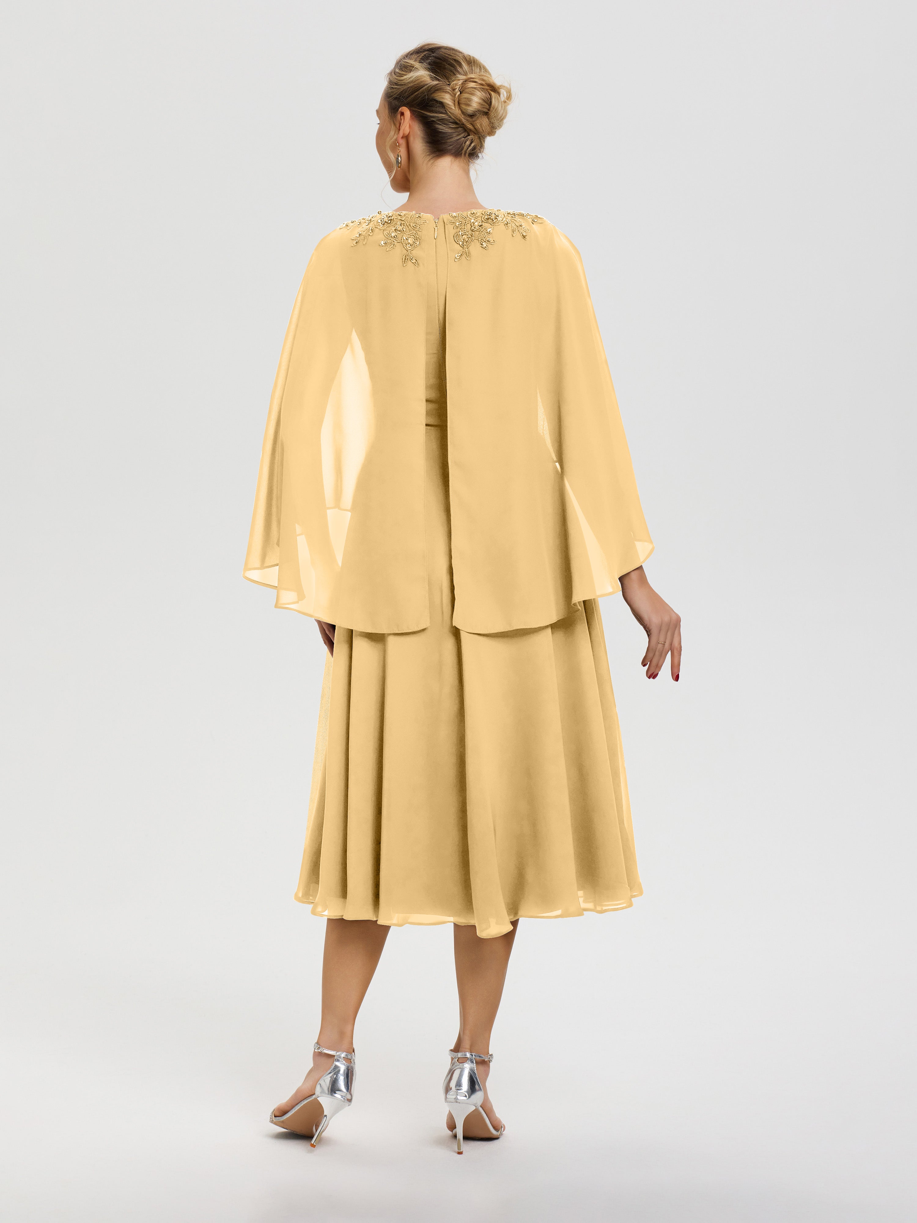 Robe Mère De Mariée Or 3/4 Manches Col V Mousseline & Dentelle Robe Mère De Mariée