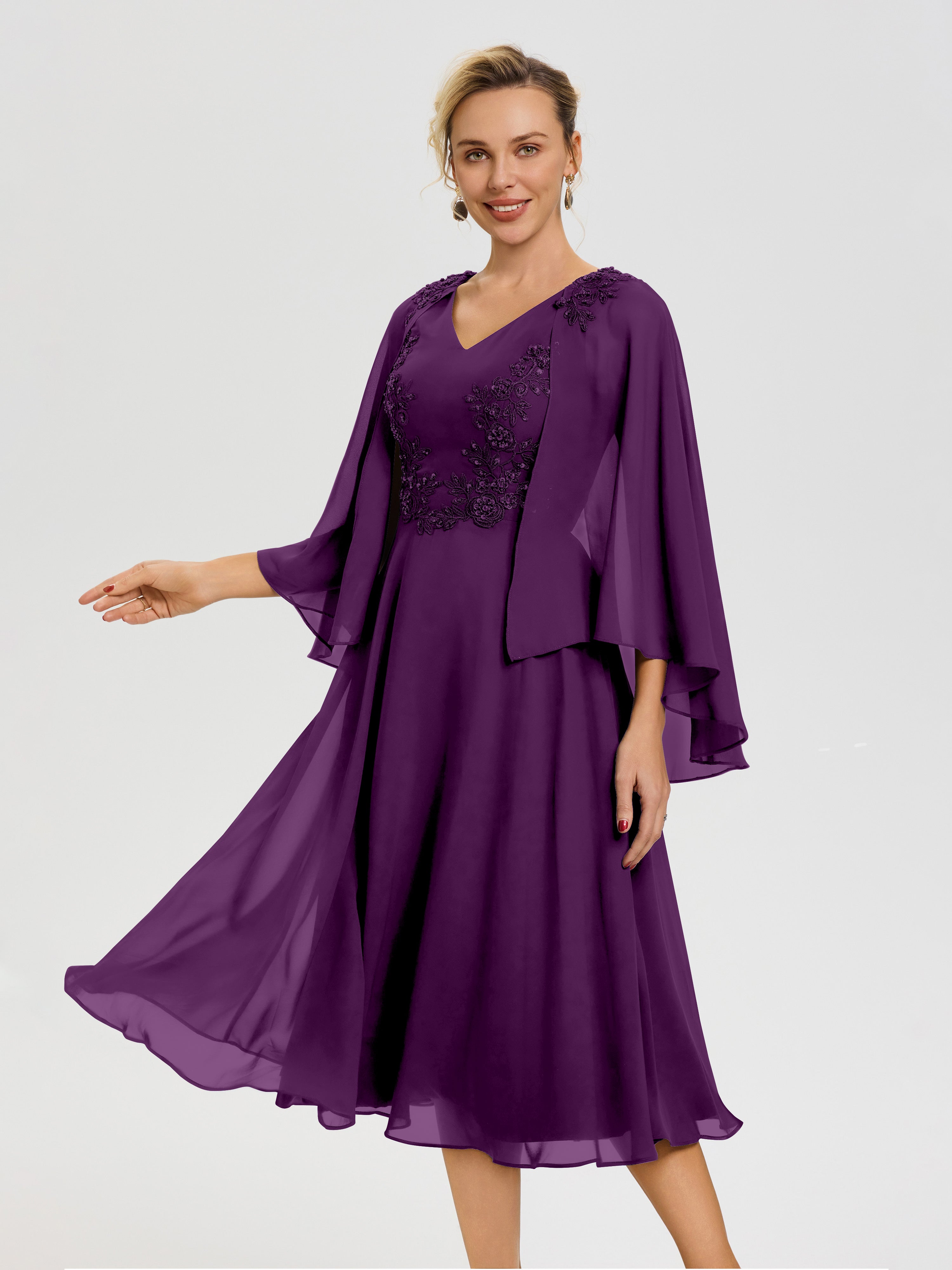 Robe De Cérémonie Mère Du Marié Raisin 3/4 Manches Col V Mousseline & Dentelle Robe Mère De Mariée
