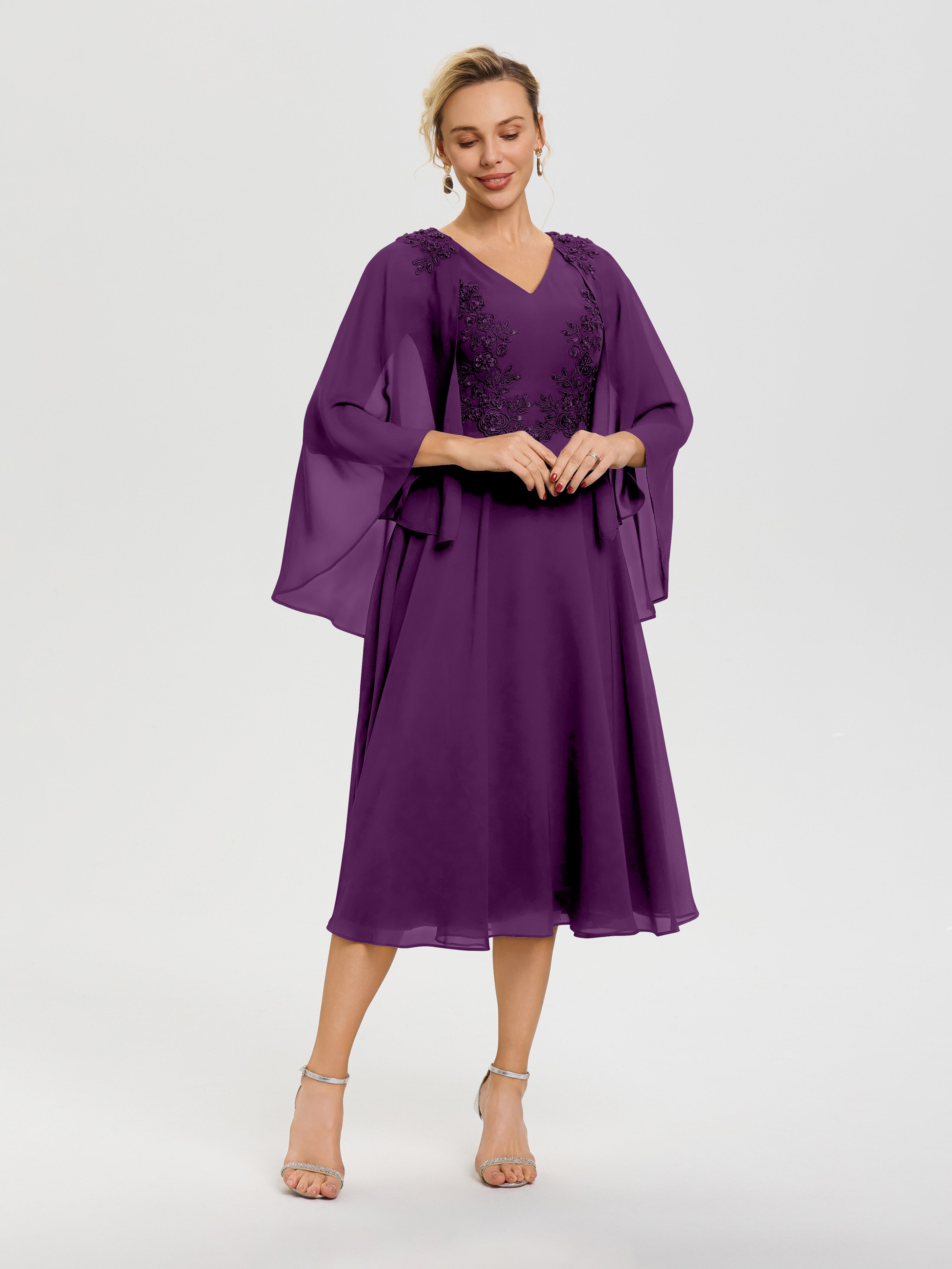 Robe De Cérémonie Mère Du Marié Raisin 3/4 Manches Col V Mousseline & Dentelle Robe Mère De Mariée