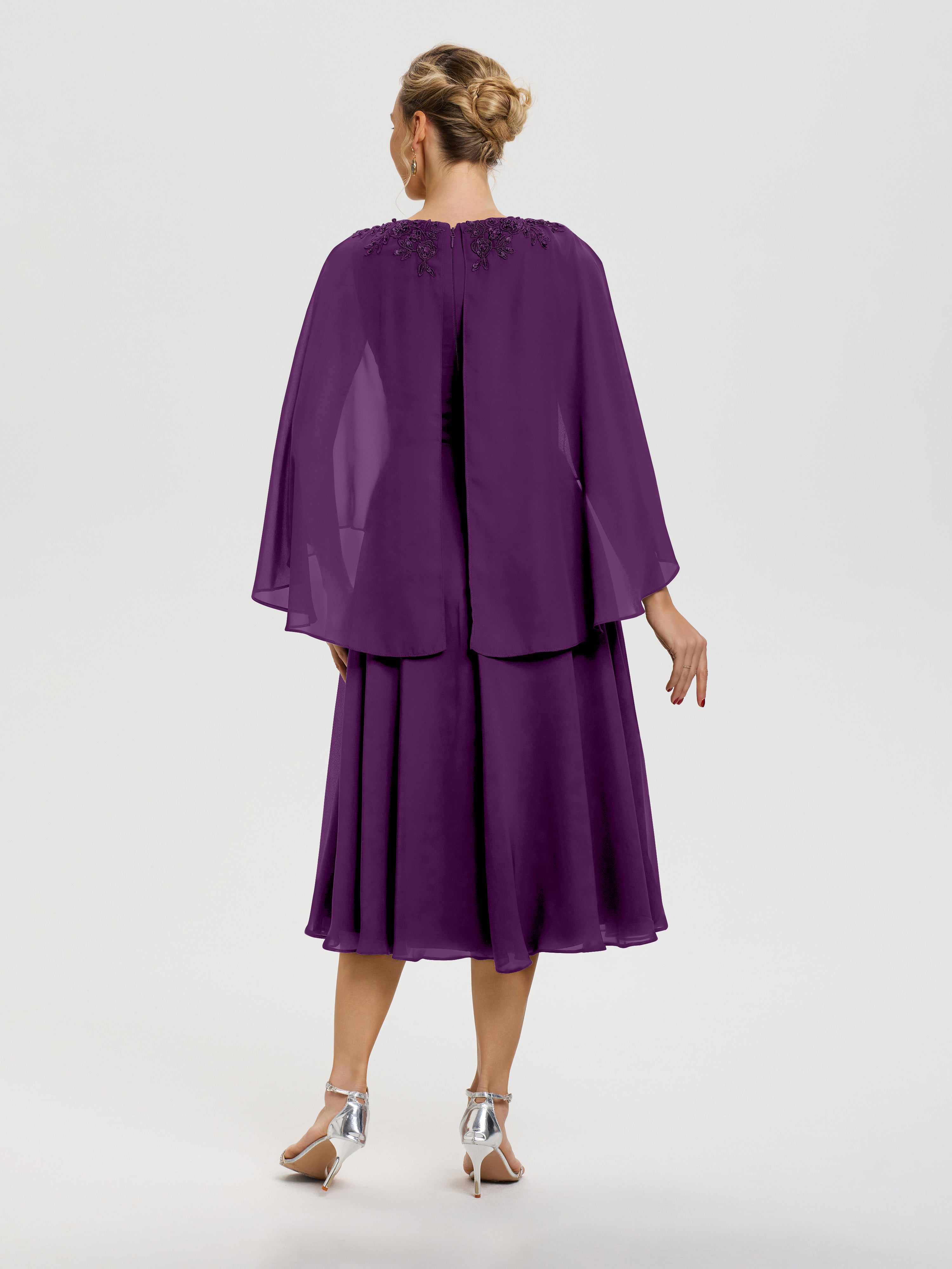 Robe De Cérémonie Mère Du Marié Raisin 3/4 Manches Col V Mousseline & Dentelle Robe Mère De Mariée