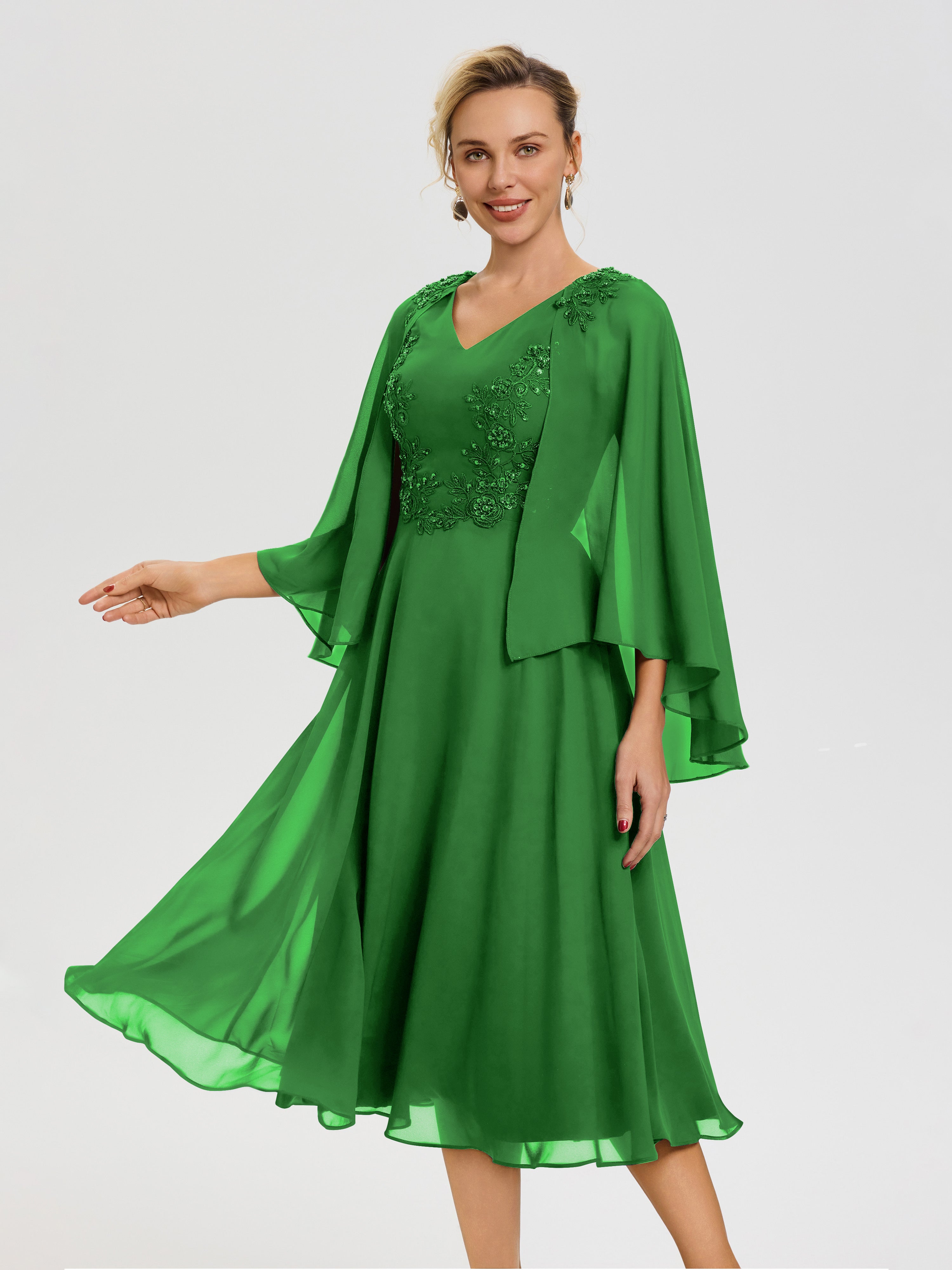 Robe Mere De La Mariee Verte 3/4 Manches Col V Mousseline & Dentelle Robe Mère De Mariée