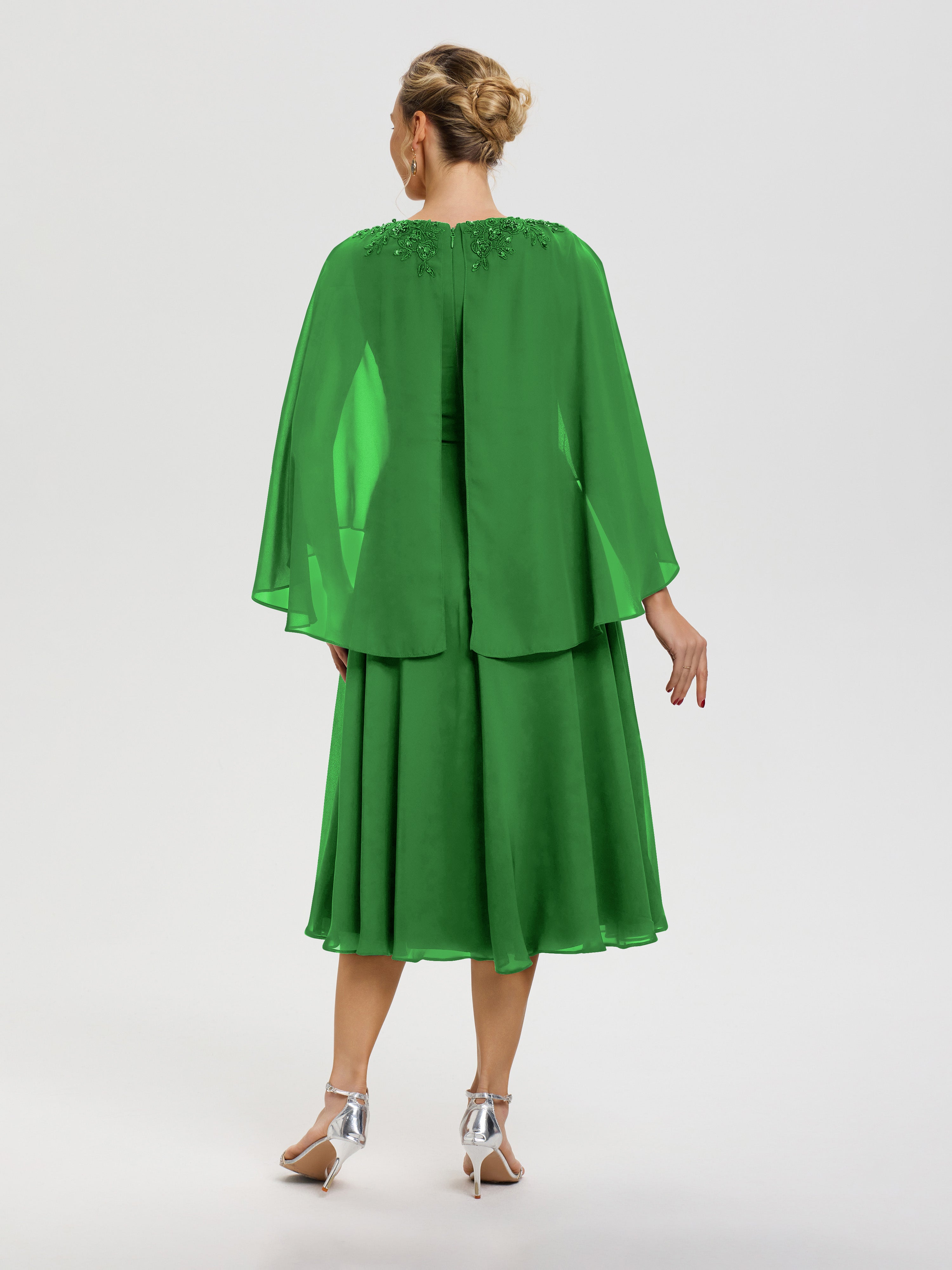 Robe Mere De La Mariee Verte 3/4 Manches Col V Mousseline & Dentelle Robe Mère De Mariée