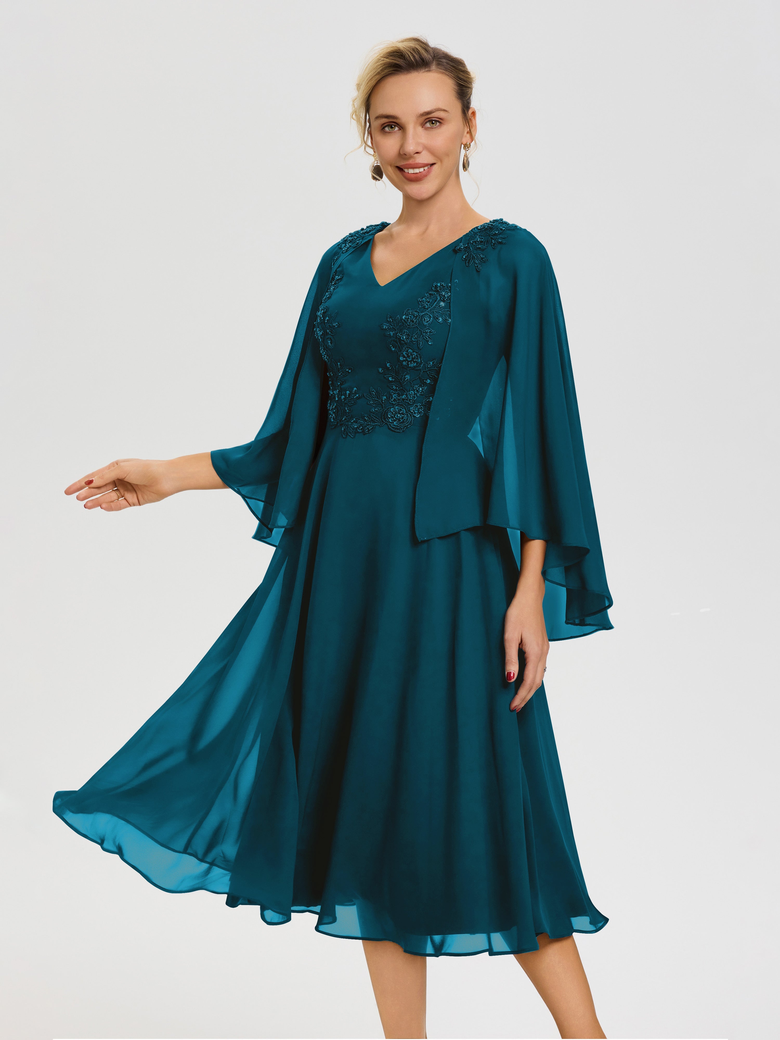 Robe Mère Du Marié Bleu Encre 3/4 Manches Col V Mousseline & Dentelle Robe Mère De Mariée