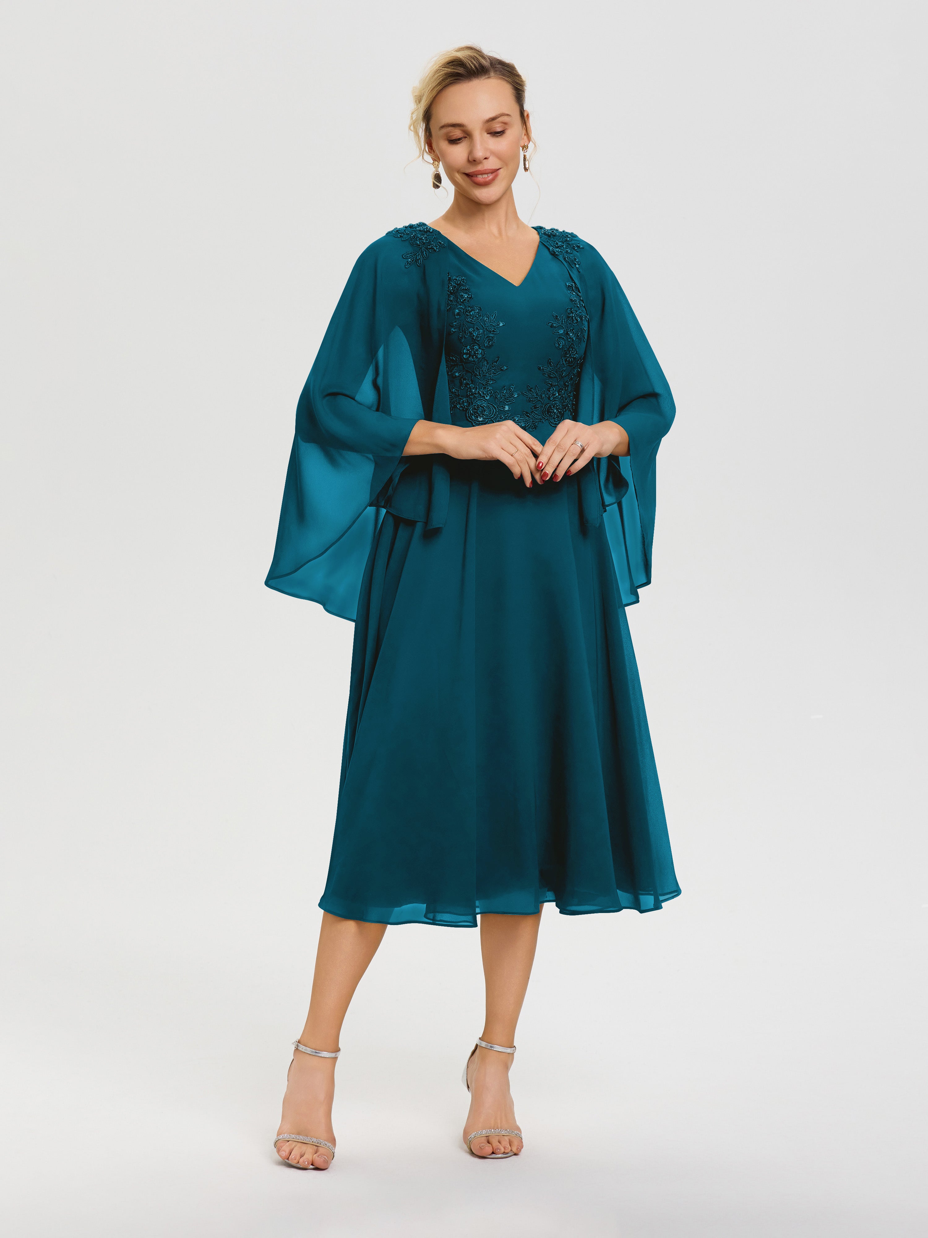 Robe Mère Du Marié Bleu Encre 3/4 Manches Col V Mousseline & Dentelle Robe Mère De Mariée