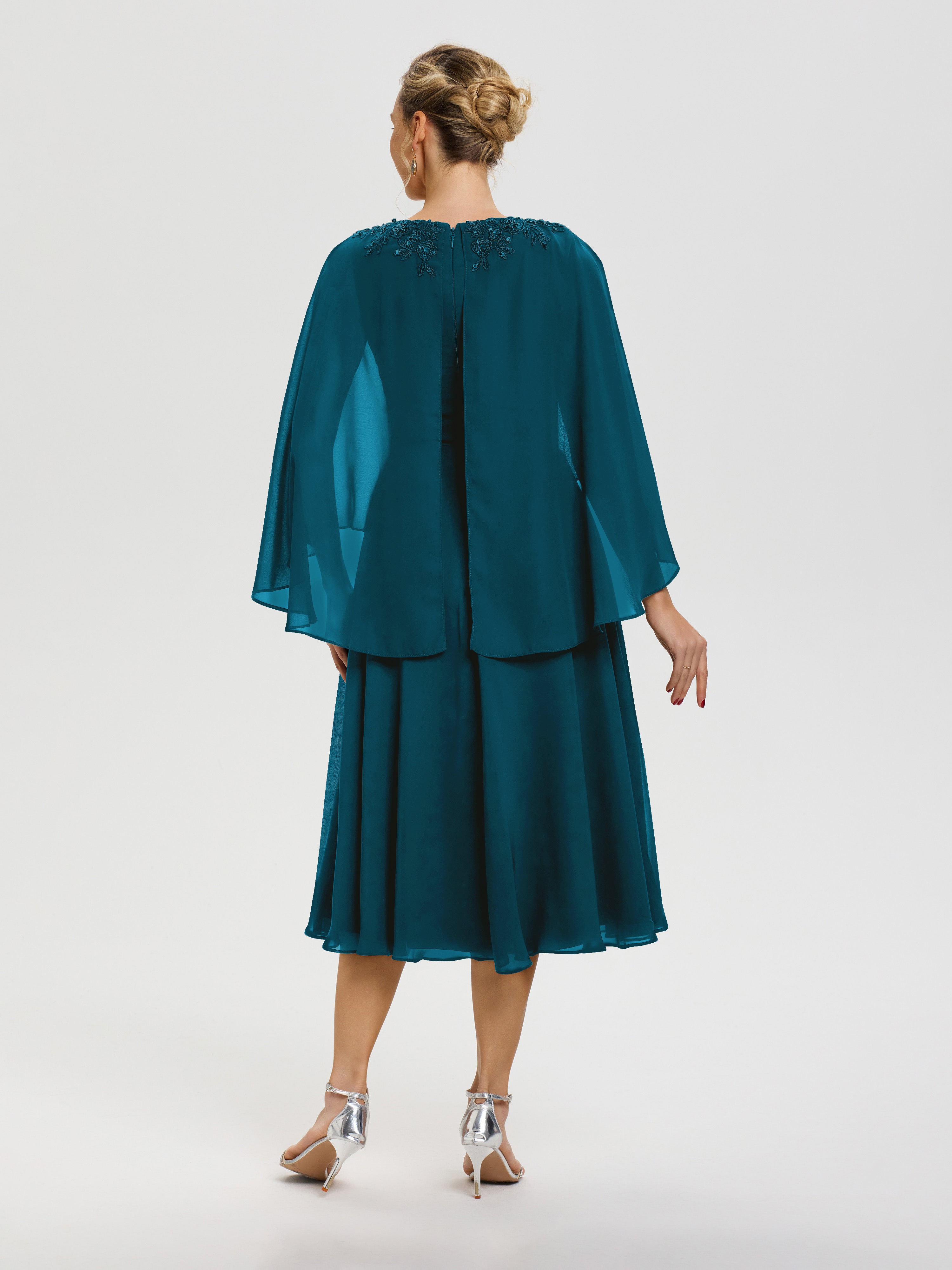 Robe Mère Du Marié Bleu Encre 3/4 Manches Col V Mousseline & Dentelle Robe Mère De Mariée