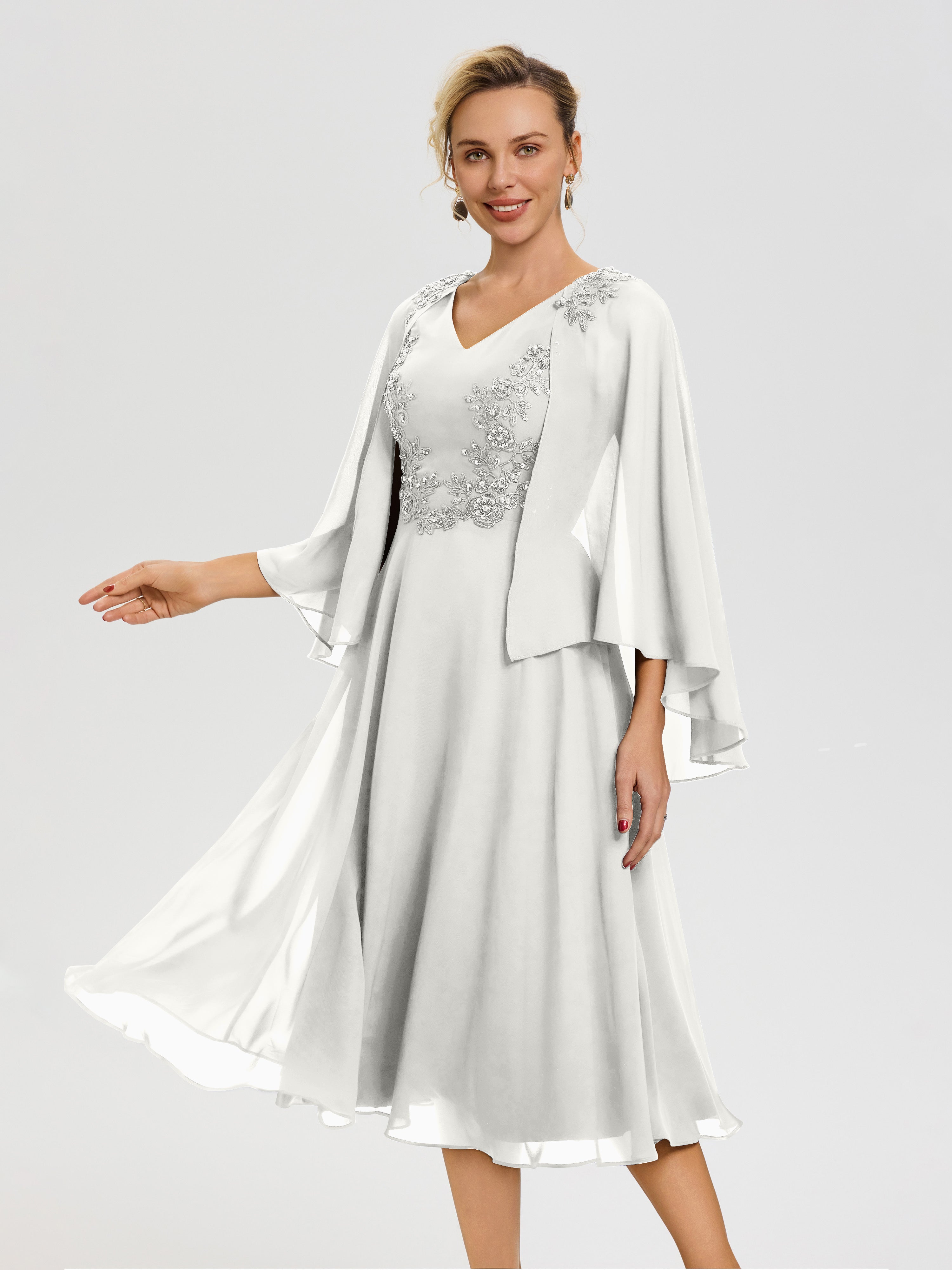 Robe Mère De Mariée Ivoire 3/4 Manches Col V Mousseline & Dentelle Robe Mère De Mariée