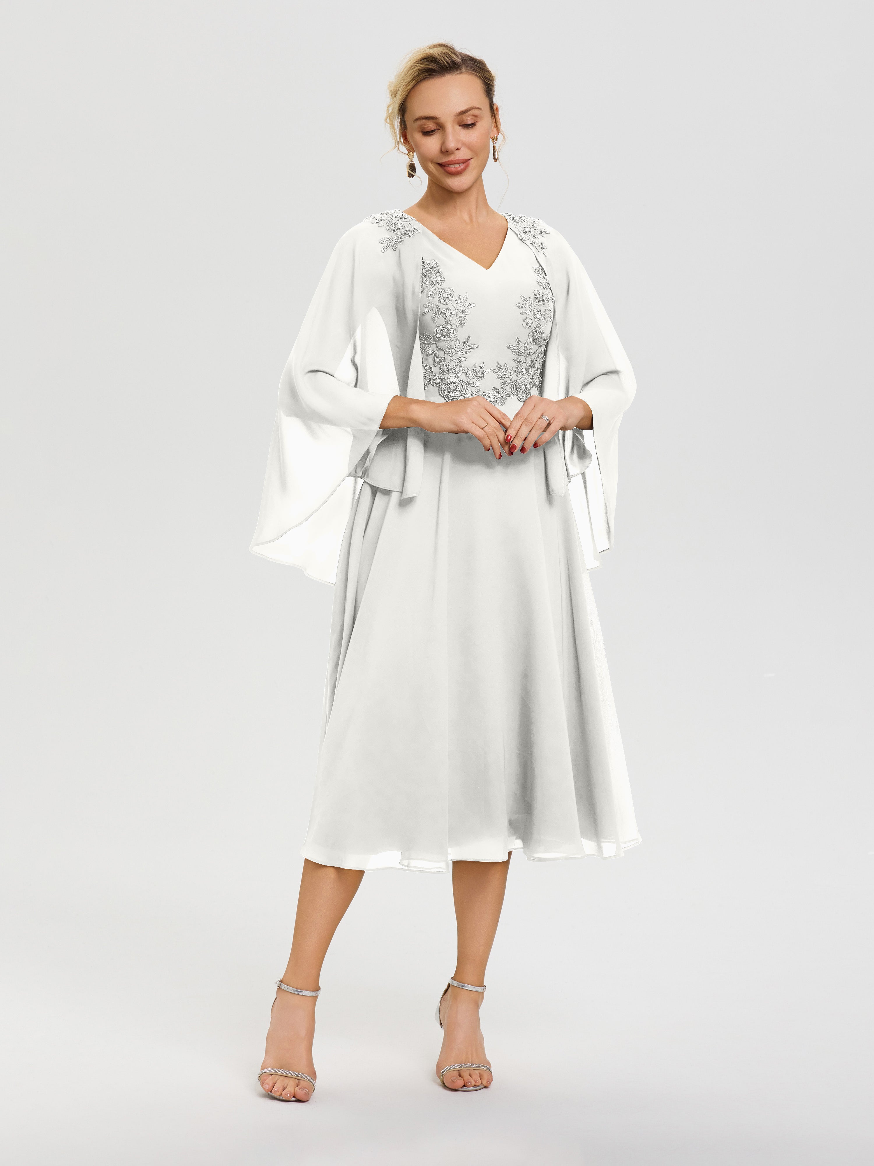 Robe Mère De Mariée Ivoire 3/4 Manches Col V Mousseline & Dentelle Robe Mère De Mariée