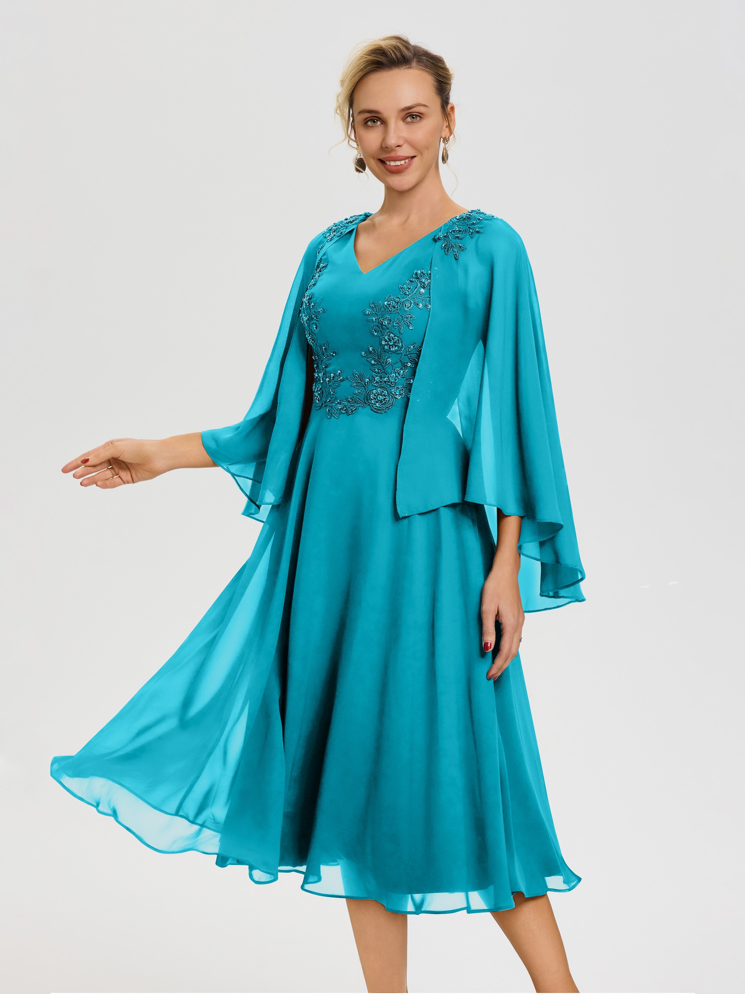 Robe Mère De Mariée Jade 3/4 Manches Col V Mousseline & Dentelle Robe Mère De Mariée