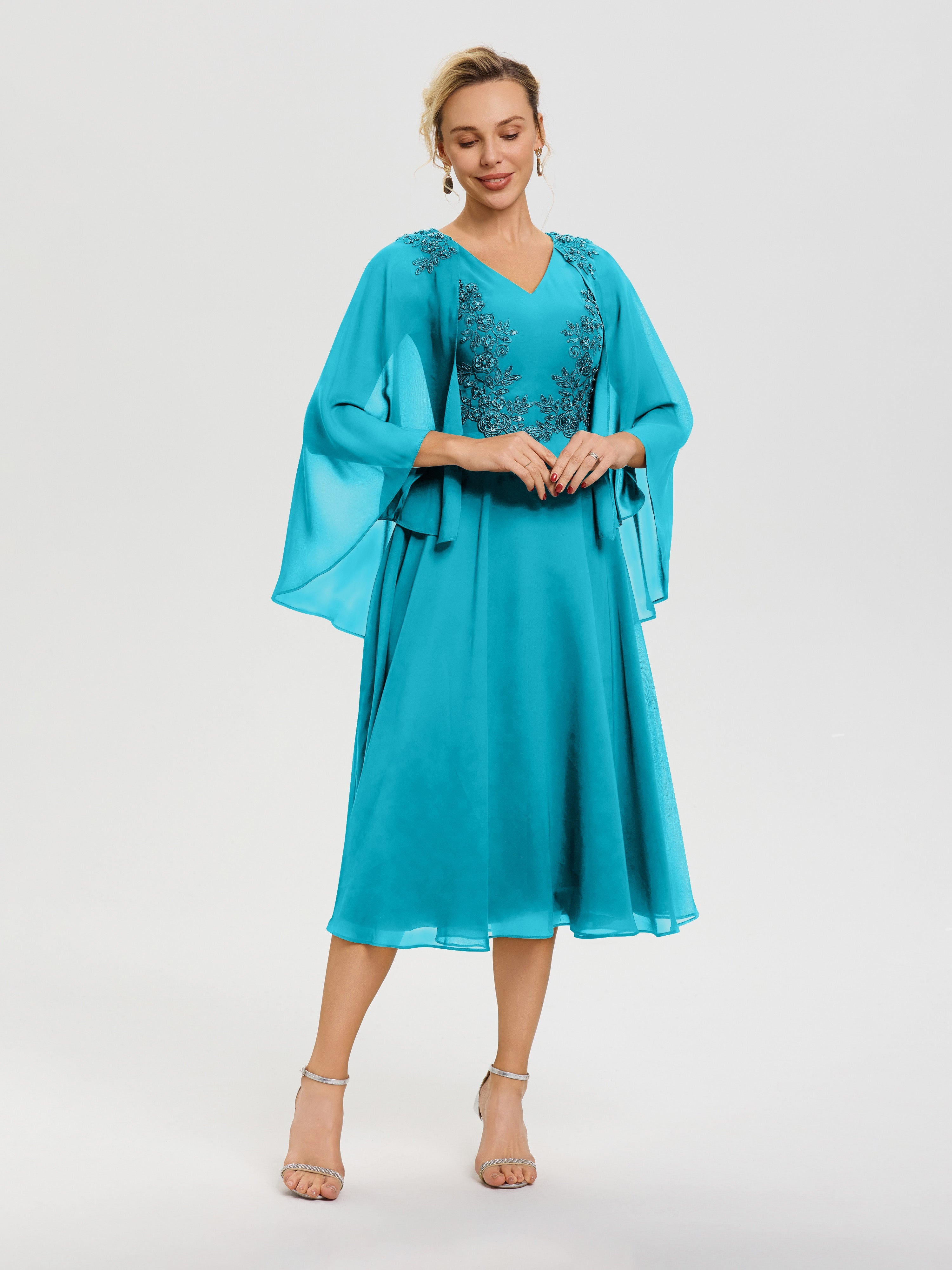 Robe Mère De Mariée Jade 3/4 Manches Col V Mousseline & Dentelle Robe Mère De Mariée