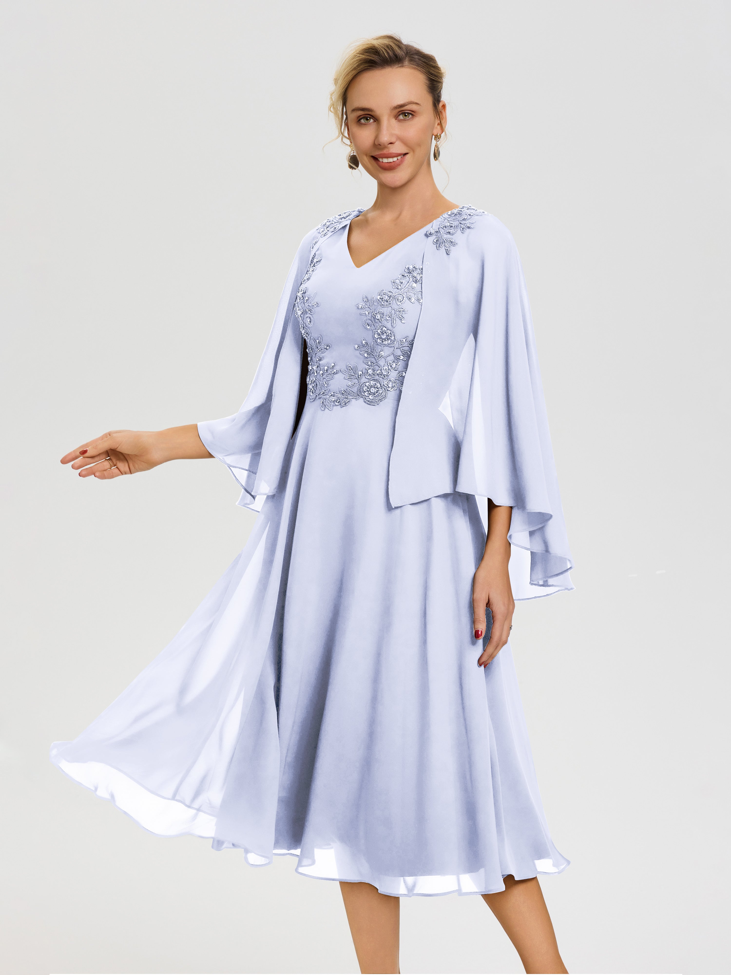 Robe Mère De Mariée Lavande 3/4 Manches Col V Mousseline & Dentelle Robe Mère De Mariée