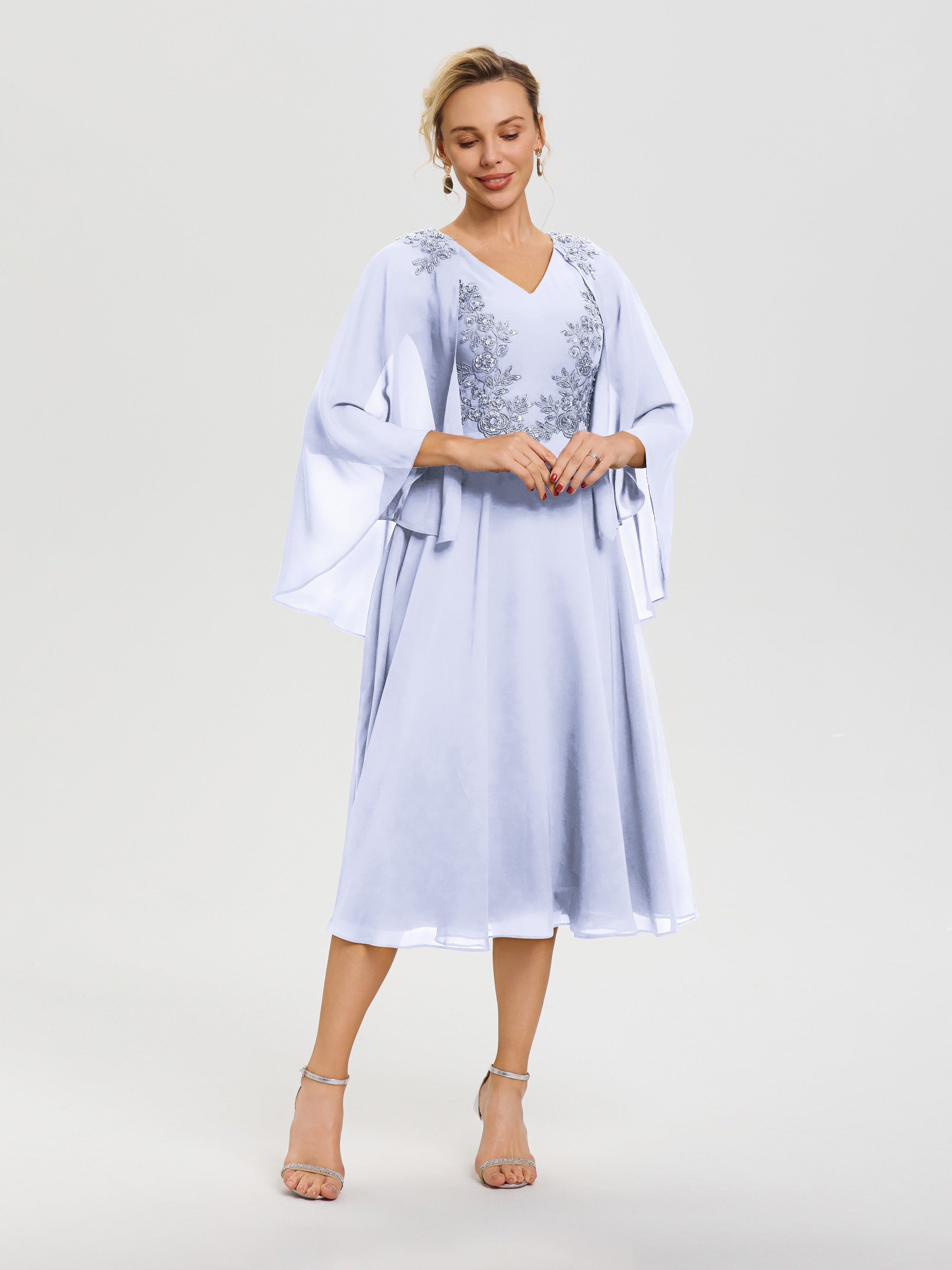 Robe Mère De Mariée Lavande 3/4 Manches Col V Mousseline & Dentelle Robe Mère De Mariée