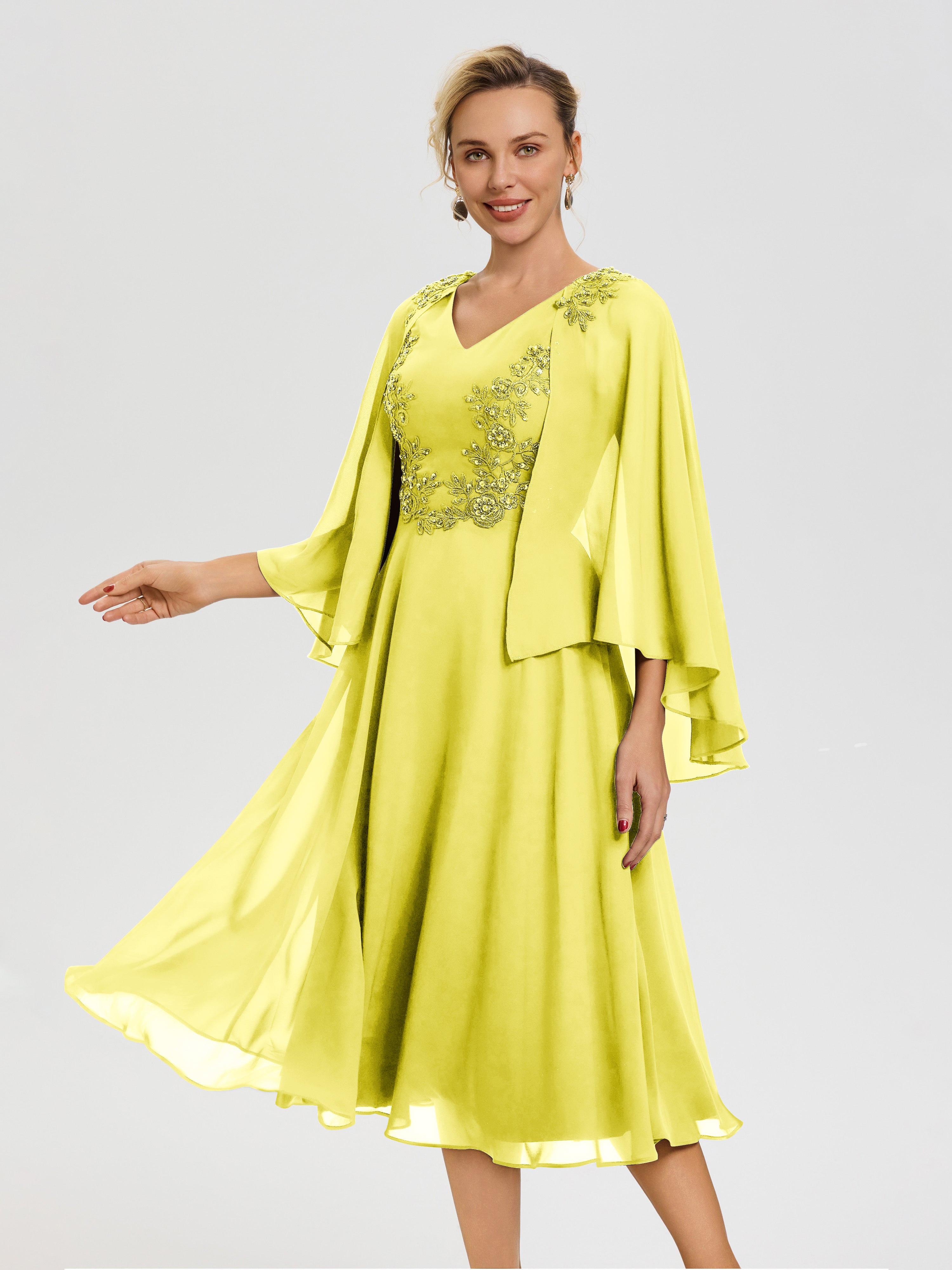 Robe Mère Du Marié Citron 3/4 Manches Col V Mousseline & Dentelle Robe Mère De Mariée