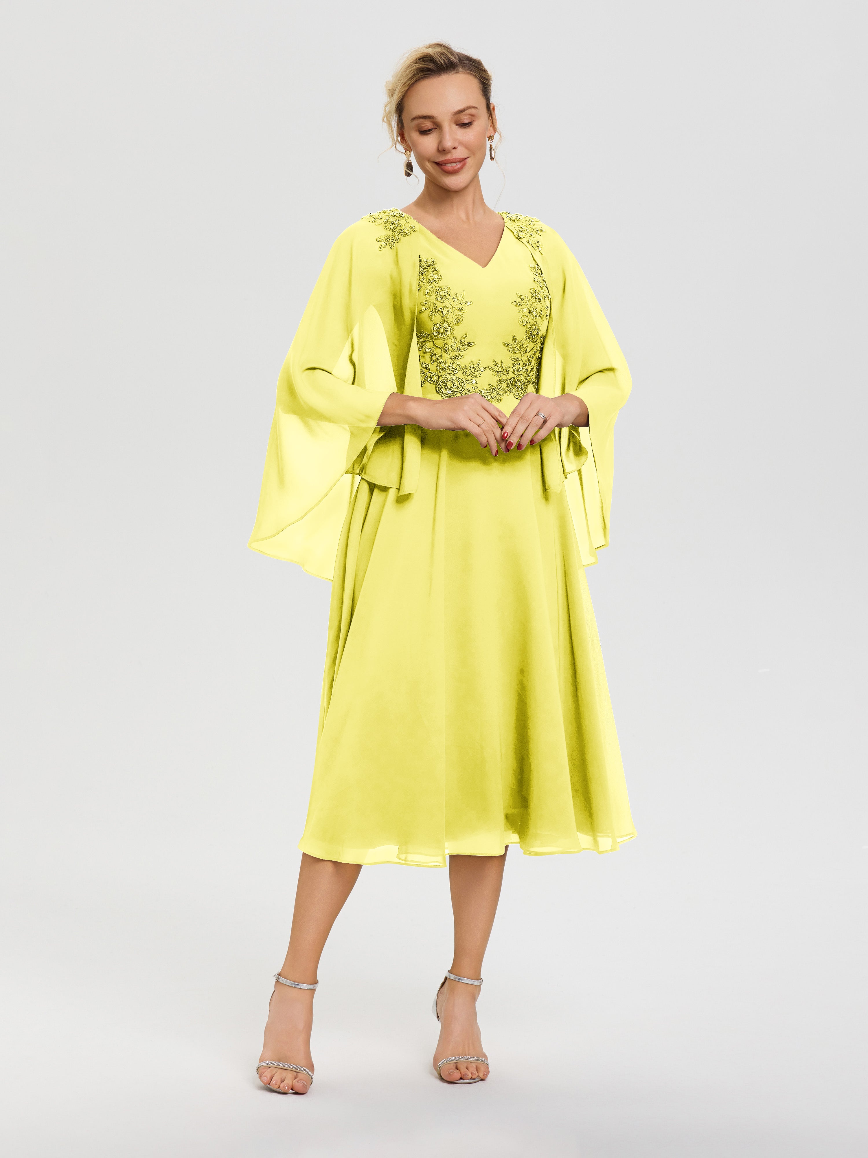 Robe Mère Du Marié Citron 3/4 Manches Col V Mousseline & Dentelle Robe Mère De Mariée
