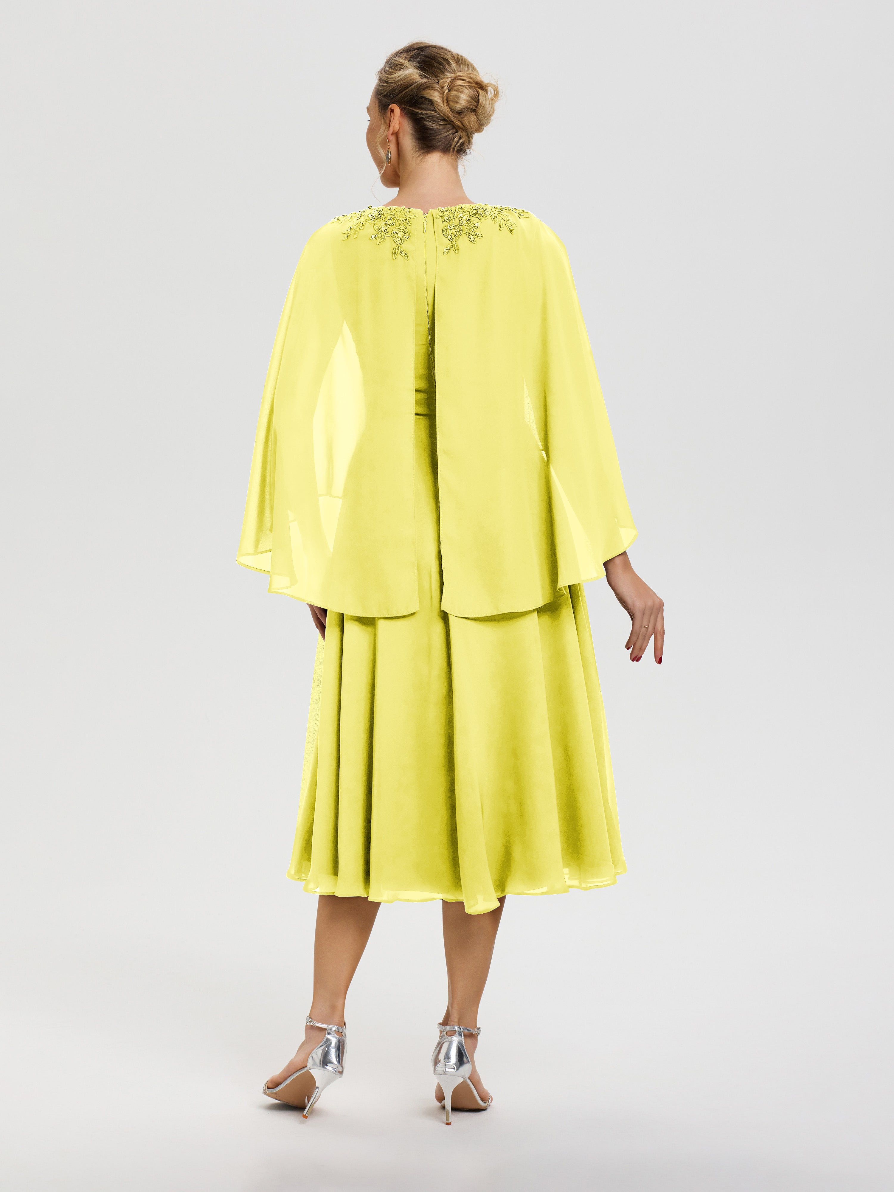 Robe Mère Du Marié Citron 3/4 Manches Col V Mousseline & Dentelle Robe Mère De Mariée