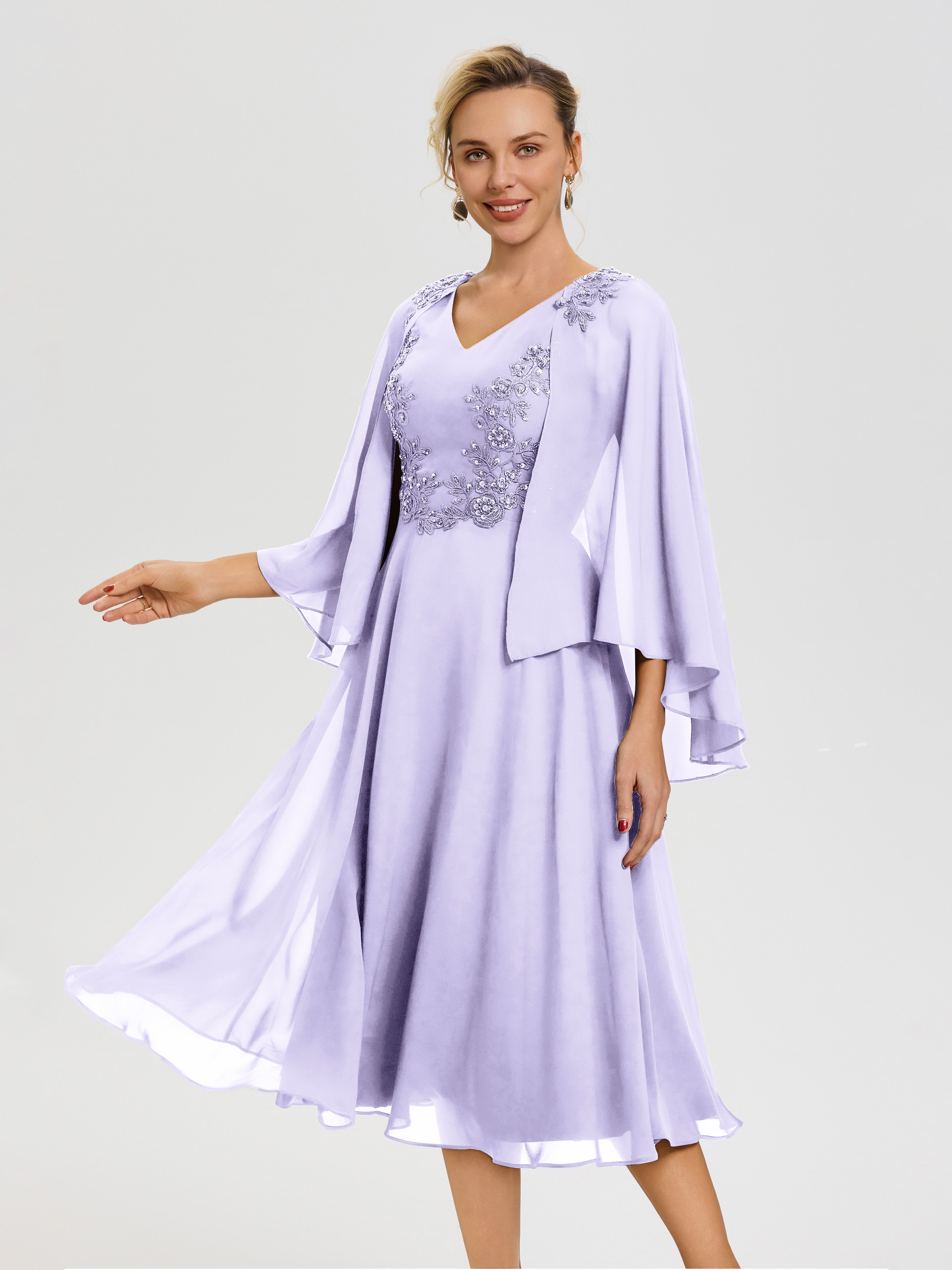 Robe Mère De Mariée Lilas 3/4 Manches Col V Mousseline & Dentelle Robe Mère De Mariée