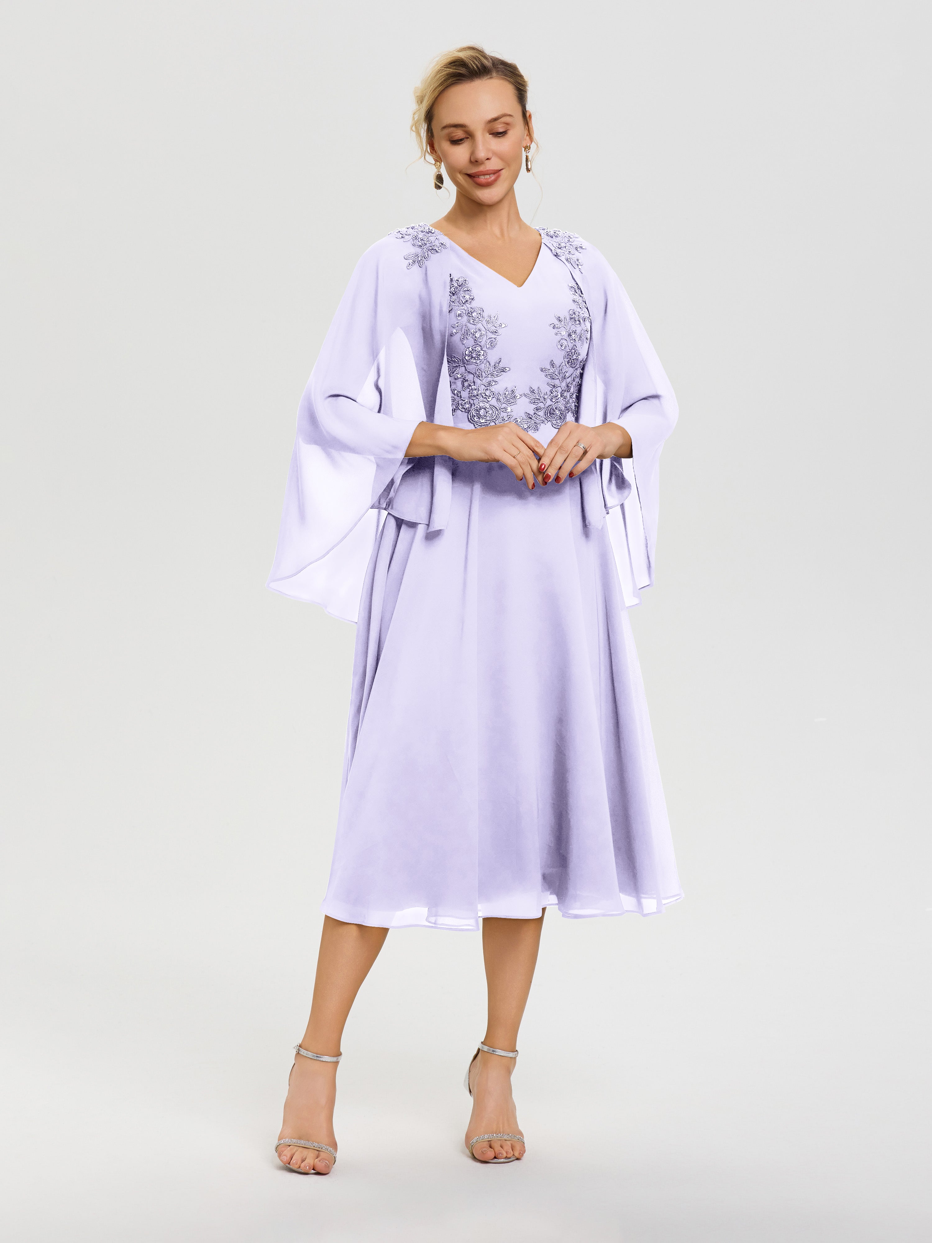 Robe Mère De Mariée Lilas 3/4 Manches Col V Mousseline & Dentelle Robe Mère De Mariée