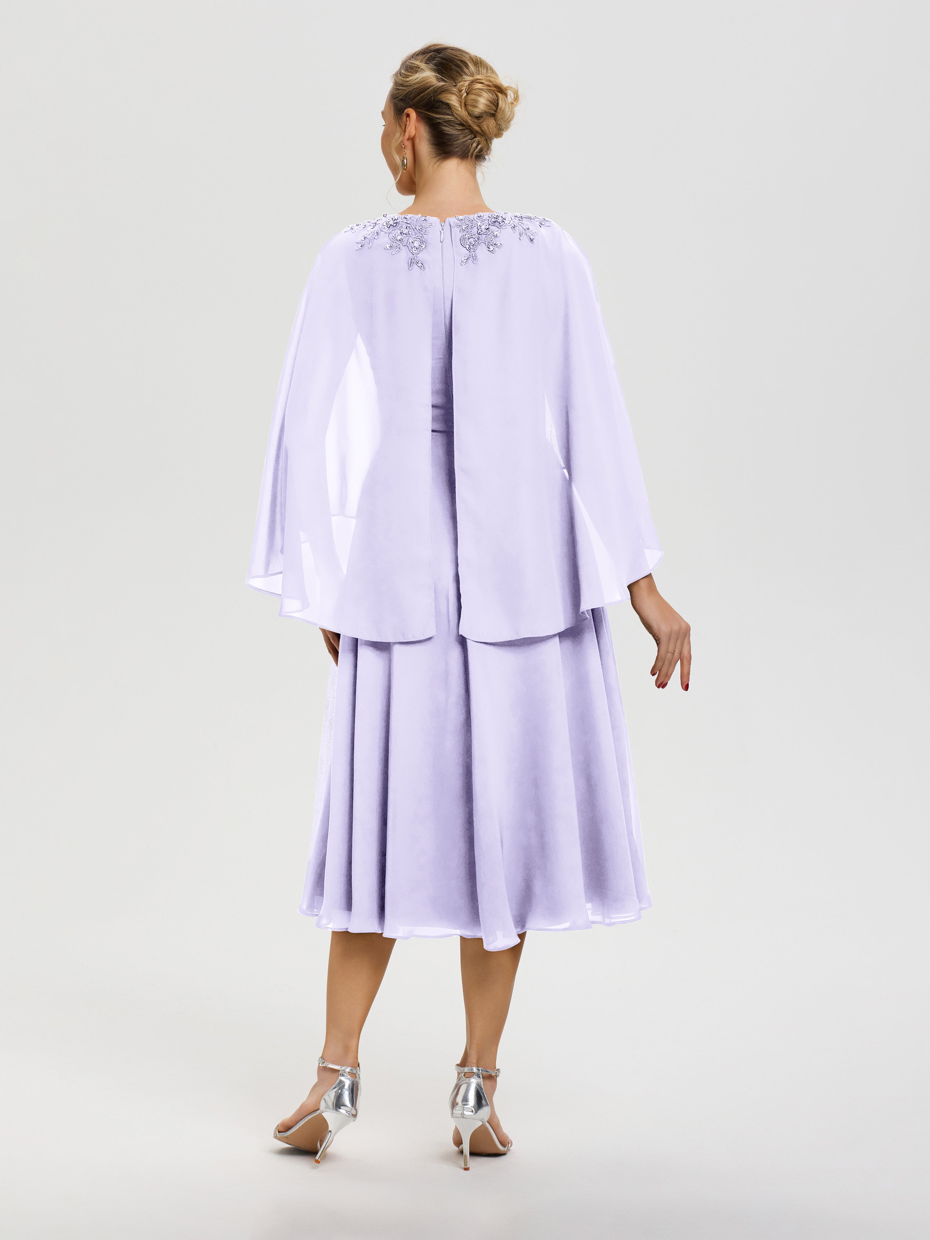 Robe Mère De Mariée Lilas 3/4 Manches Col V Mousseline & Dentelle Robe Mère De Mariée