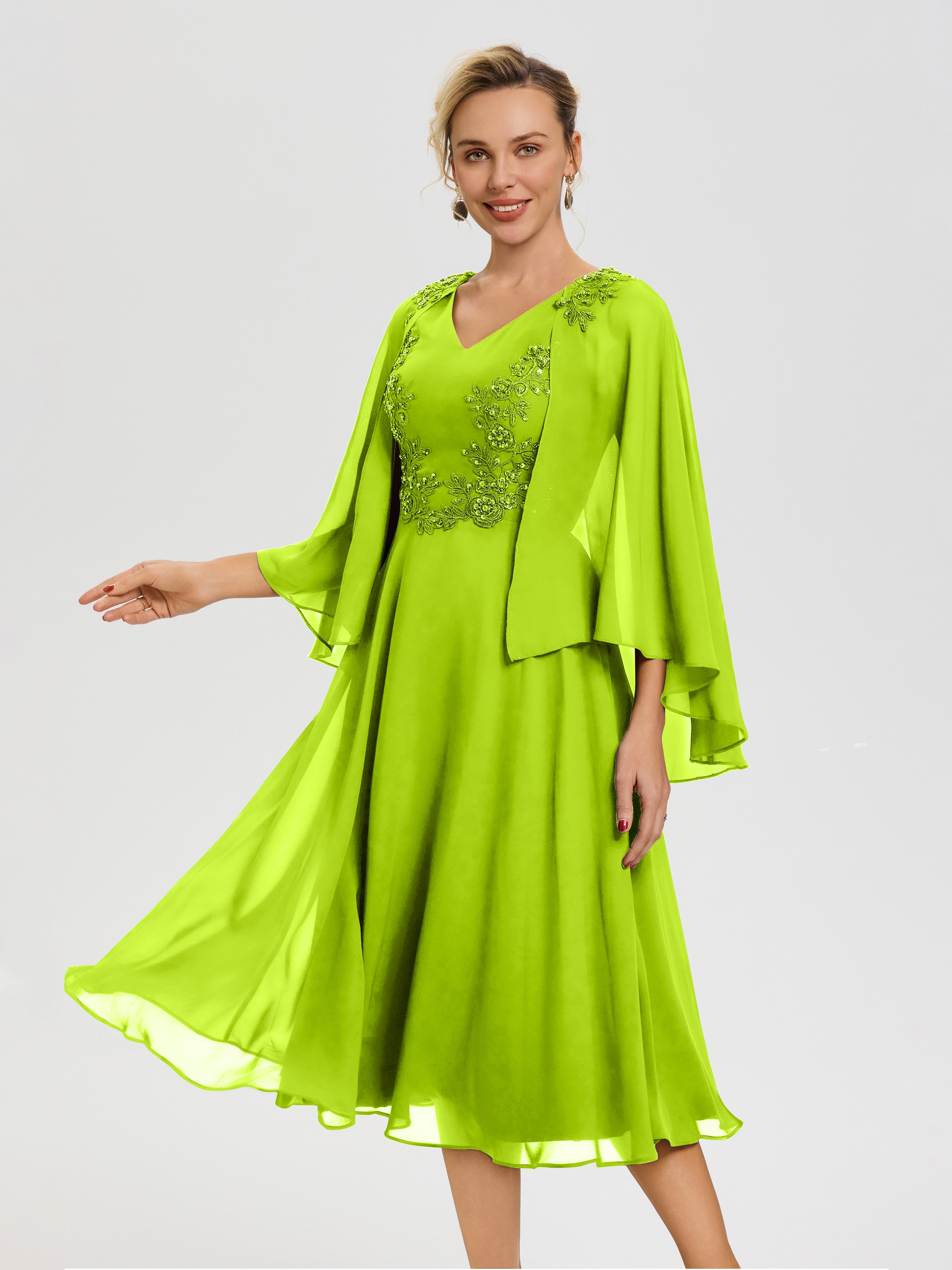 Robe De Mère De Mariée Moderne Vert Citron 3/4 Manches Col V Mousseline & Dentelle Robe Mère De Mariée
