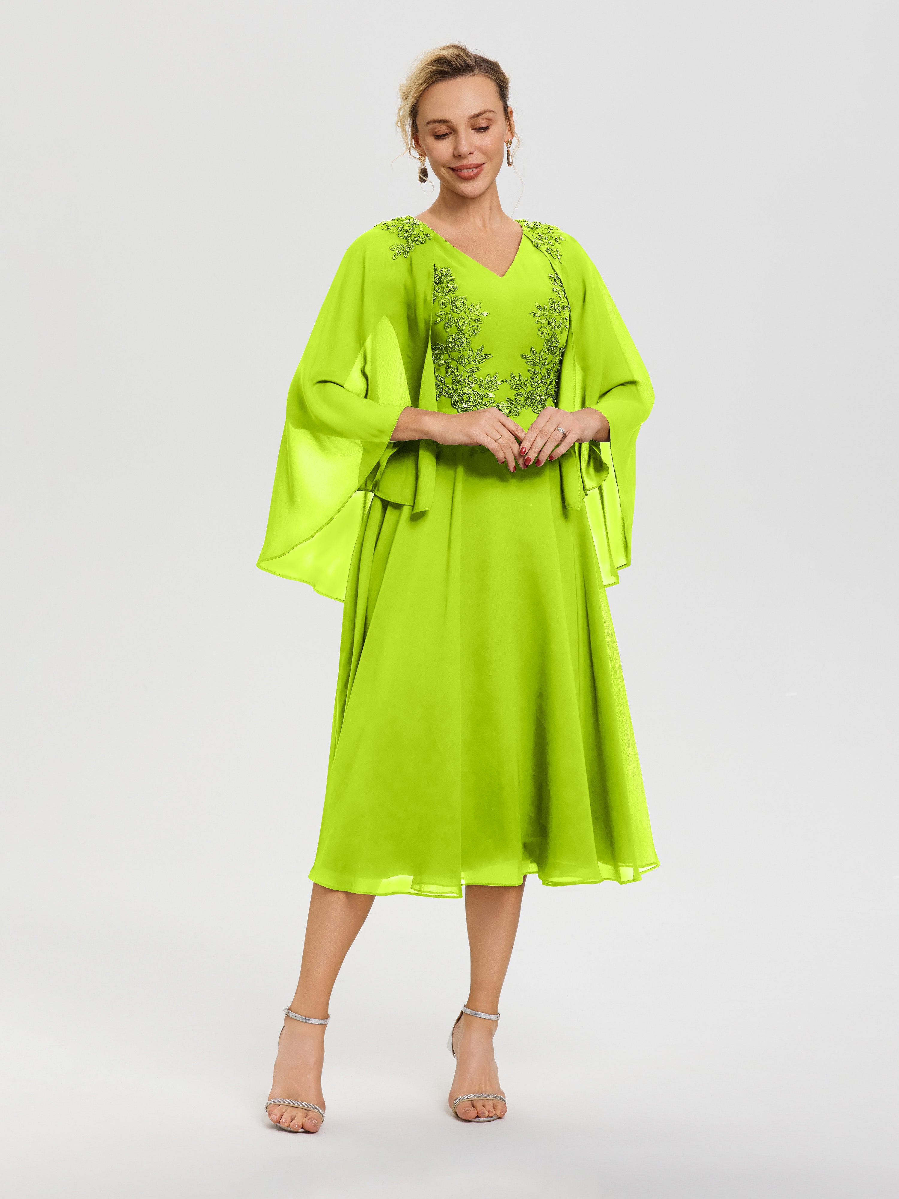 Robe De Mère De Mariée Moderne Vert Citron 3/4 Manches Col V Mousseline & Dentelle Robe Mère De Mariée