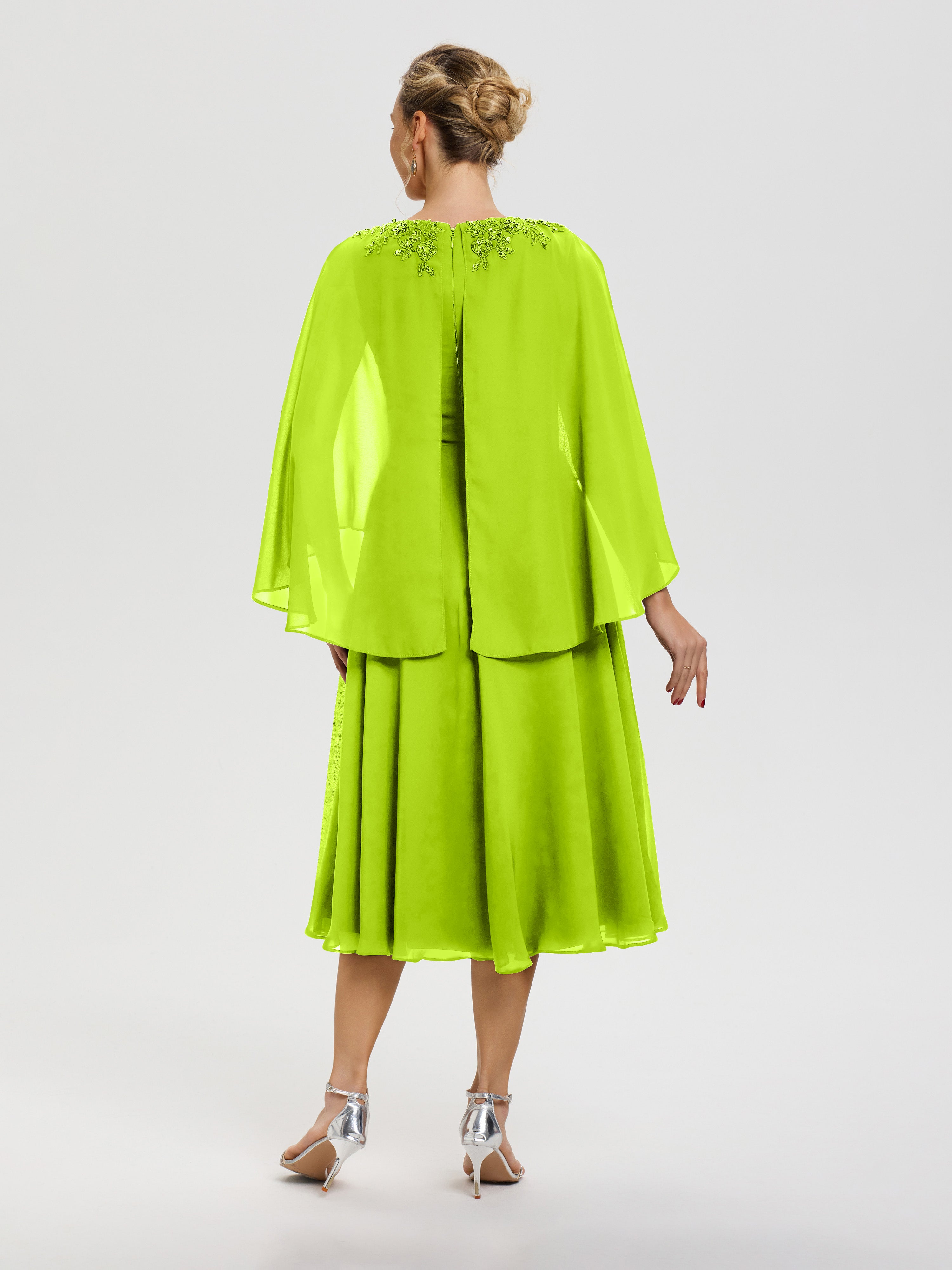 Robe De Mère De Mariée Moderne Vert Citron 3/4 Manches Col V Mousseline & Dentelle Robe Mère De Mariée